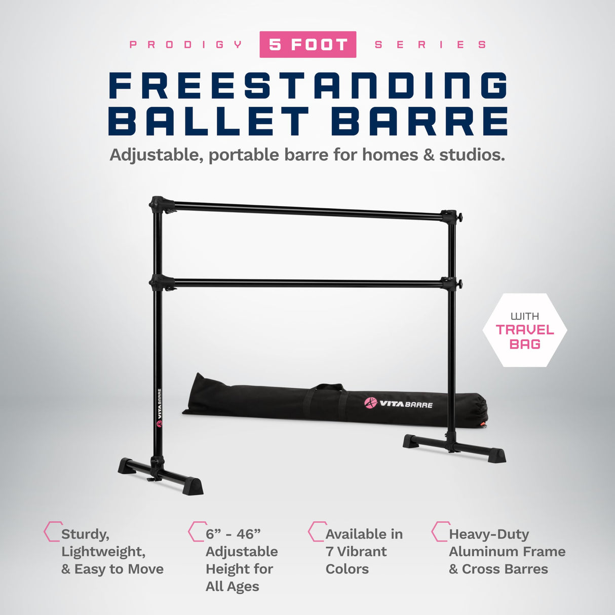 VITA Barre Portable Freestanding Double Ballet Barre, Prodigy, with Carry Bag | Adjustable Height, USA Made, Home or Gym Exercise Equipment for Kids & Adults | Dance, Fitness, Pilates