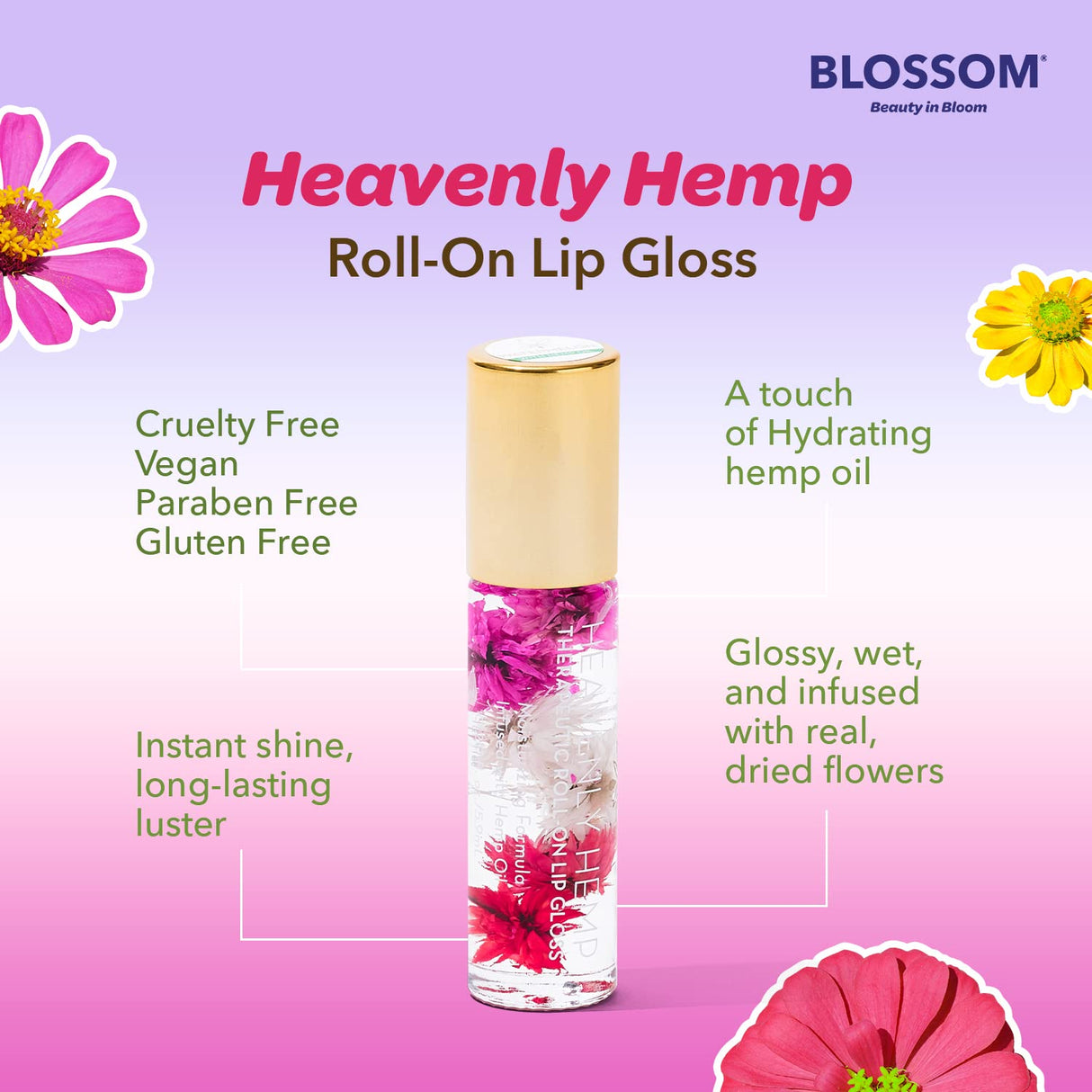 Blossom Scented Roll on Lip Gloss, Infused with Real Flowers, Made in USA, 0.20 fl. oz./5.9ml, Watermelon