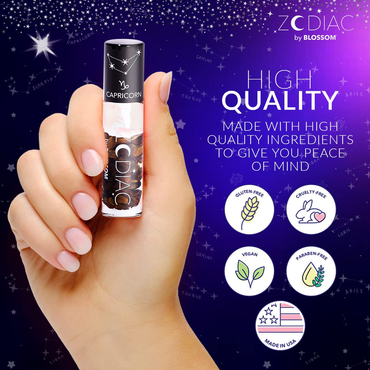 Blossom Zodiac Sign Roll-On Lip Gloss, Vanilla Scented + Moisturizing with Crystals, Made in USA, 0.20 fl. oz./5.9ml, Aquarius