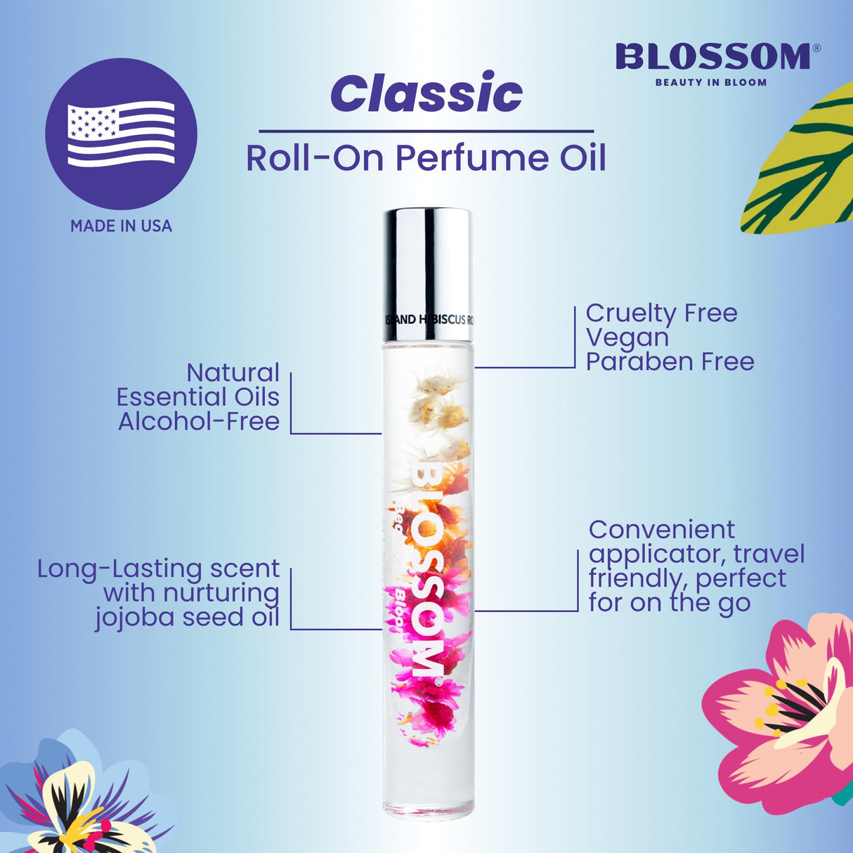 Blossom Roll on Perfume Oil for Women, Alcohol Free Rollerball Perfume with Essential Oil, Infused with Real Flowers, Made in USA, 0.20 oz (Lemon, Bergamot, Violet, White Musk), Cactus Flower