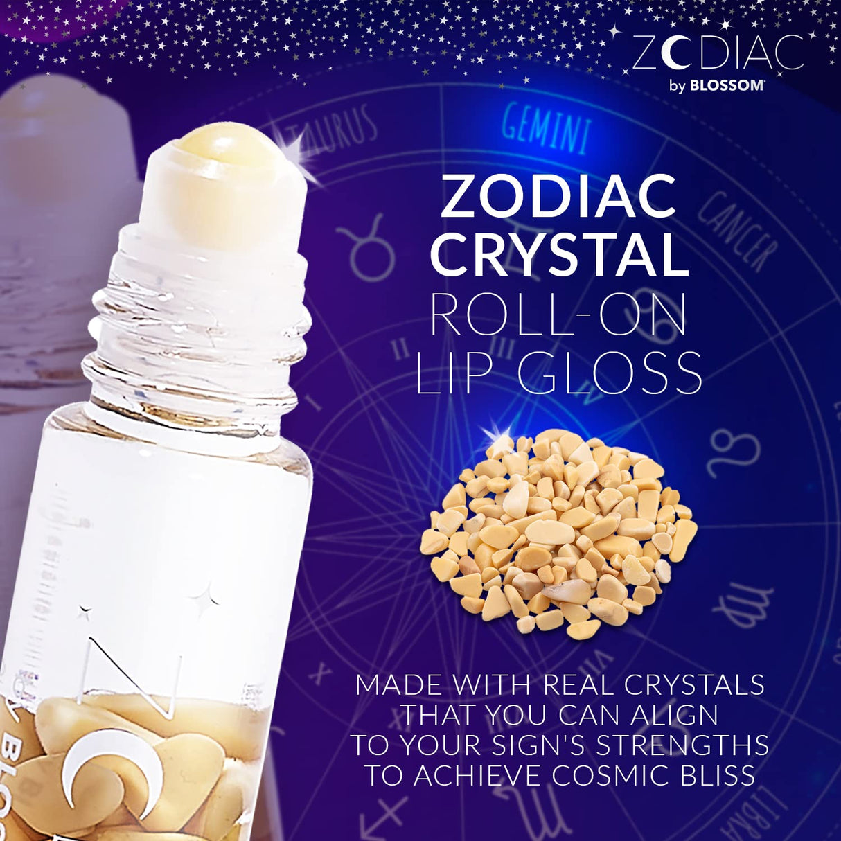 Blossom Zodiac Sign Roll-On Lip Gloss, Vanilla Scented + Moisturizing with Crystals, Made in USA, 0.20 fl. oz./5.9ml, Aquarius
