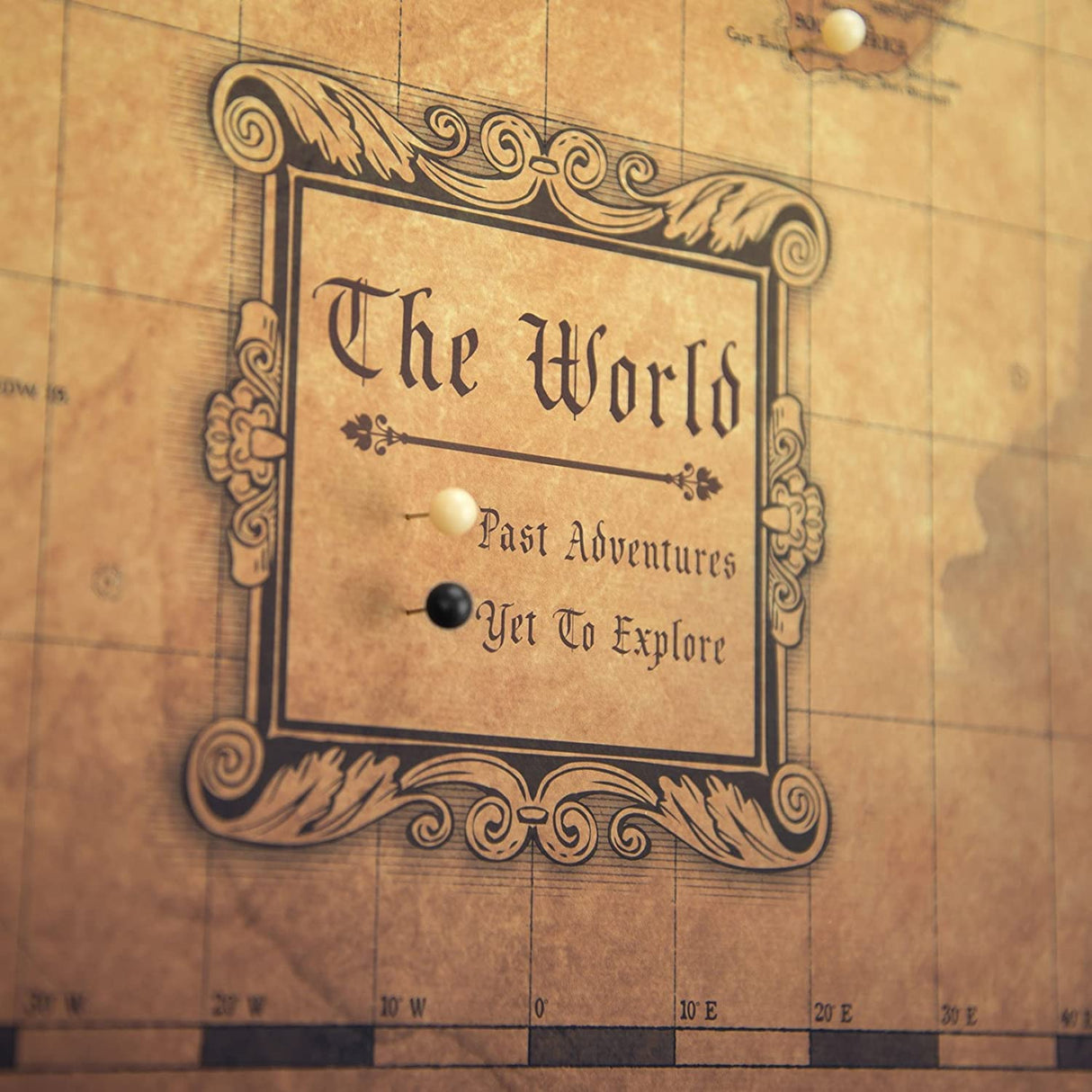 Push Pin World Map Board - With Push Pins to Mark World Travel - Handmade in Ohio, USA - Design: Golden Aged (48" x 32")