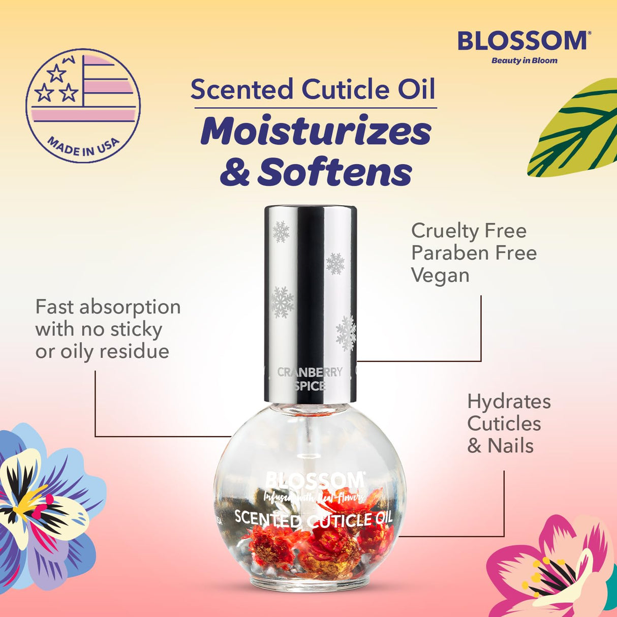 Blossom Scented Cuticle Oil, Infused with Real Flowers, Hydrating, Moisturizing, Strengthening, Made in USA, 0.5 fl. oz, Amazon Exclusive, Watermelon