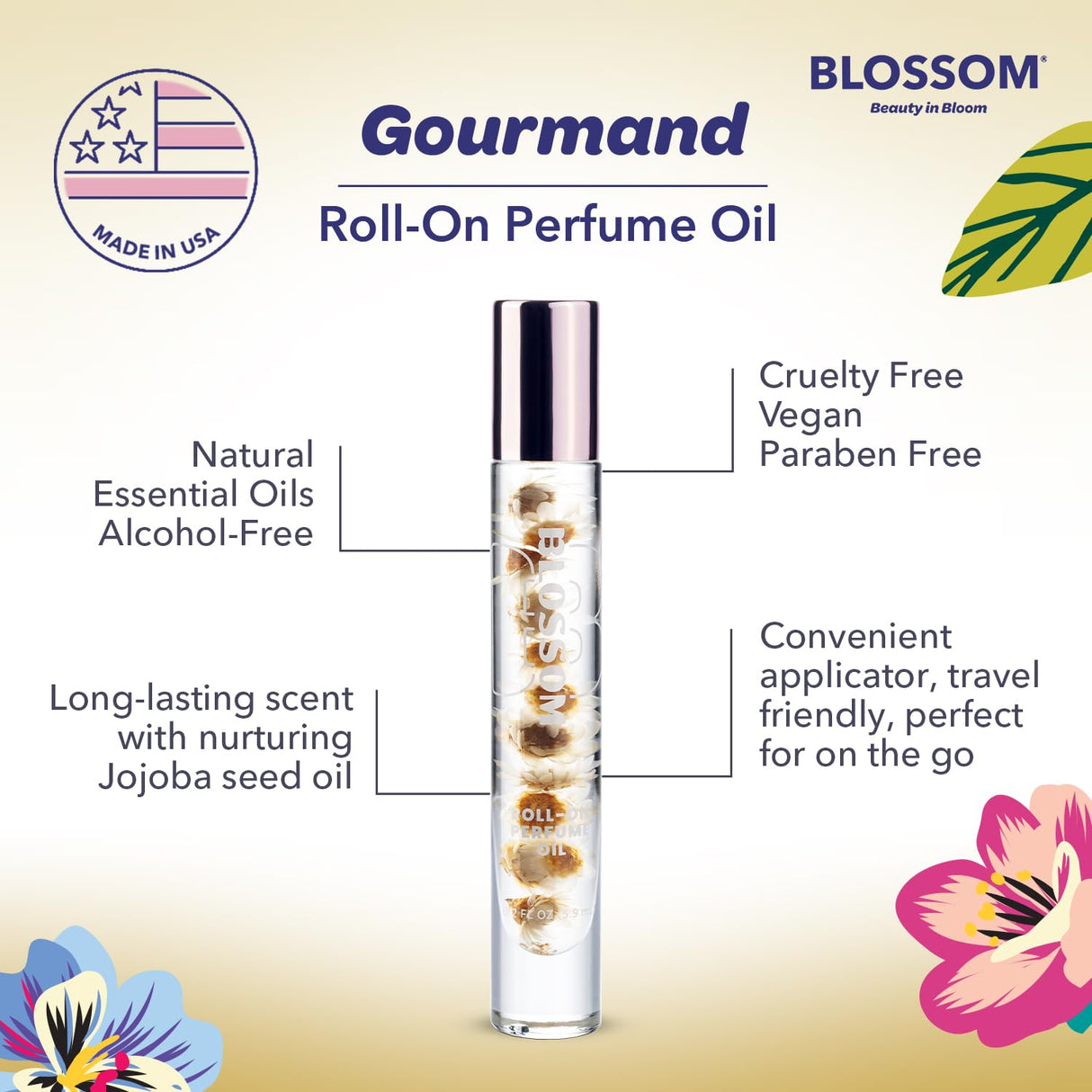 Blossom Roll on Perfume Oil for Women, Alcohol Free Rollerball Perfume with Essential Oil, Infused with Real Flowers, Made in USA, 0.20 oz (Lemon, Bergamot, Violet, White Musk), Cactus Flower