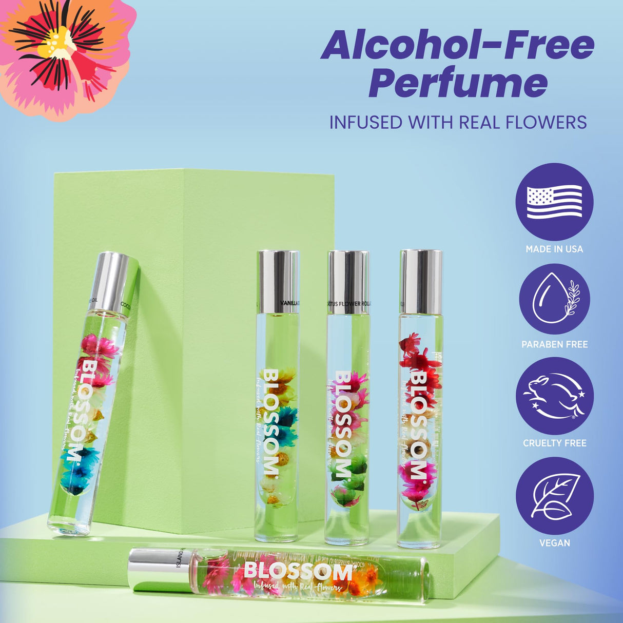 Blossom Roll on Perfume Oil for Women, Alcohol Free Rollerball Perfume with Essential Oil, Infused with Real Flowers, Made in USA, 0.20 oz (Lemon, Bergamot, Violet, White Musk), Cactus Flower