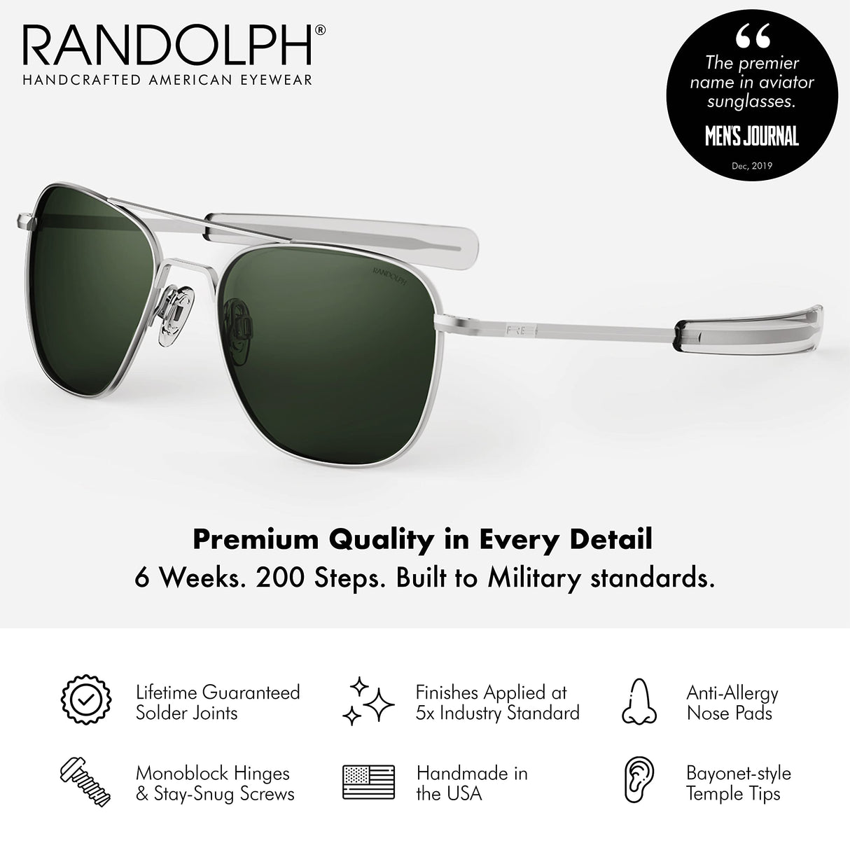 Mens or Womens Aviator Sunglasses, Matte Chrome, Classic, Polarized and Non-Polarized with UV Protection by Randolph USA