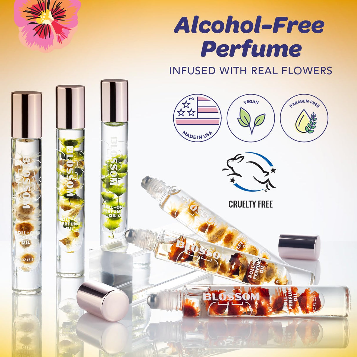 Blossom Roll on Perfume Oil for Women, Alcohol Free Rollerball Perfume with Essential Oil, Infused with Real Flowers, Made in USA, 0.20 oz (Lemon, Bergamot, Violet, White Musk), Cactus Flower
