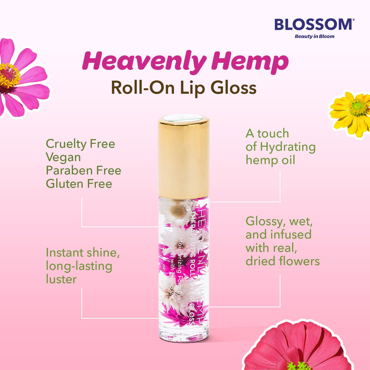 Blossom Scented Roll on Lip Gloss, Infused with Real Flowers, Made in USA, 0.20 fl. oz./5.9ml, Watermelon