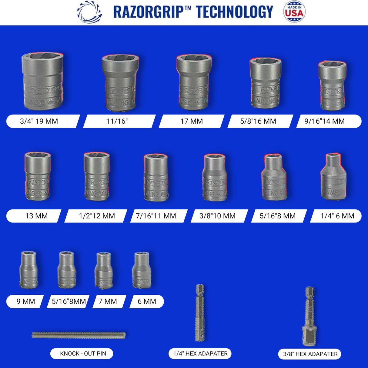 18-Piece Bolt Extractor Set | Made in USA Turbo Sockets for Stripped, Rounded, Rusted Bolts & Nuts | Impact Grade 1/4" & 3/8" Drive Lug Nut & Bolt Remover Kit | Nut Extractor Socket Set