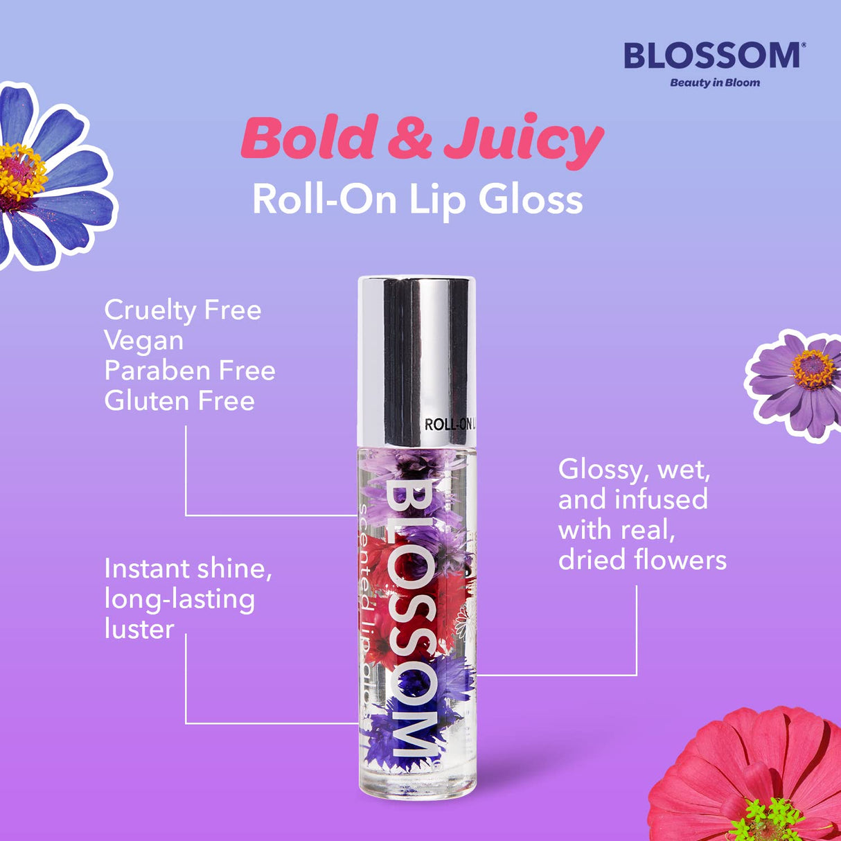 Blossom Scented Roll on Lip Gloss, Infused with Real Flowers, Made in USA, 0.20 fl. oz./5.9ml, Watermelon
