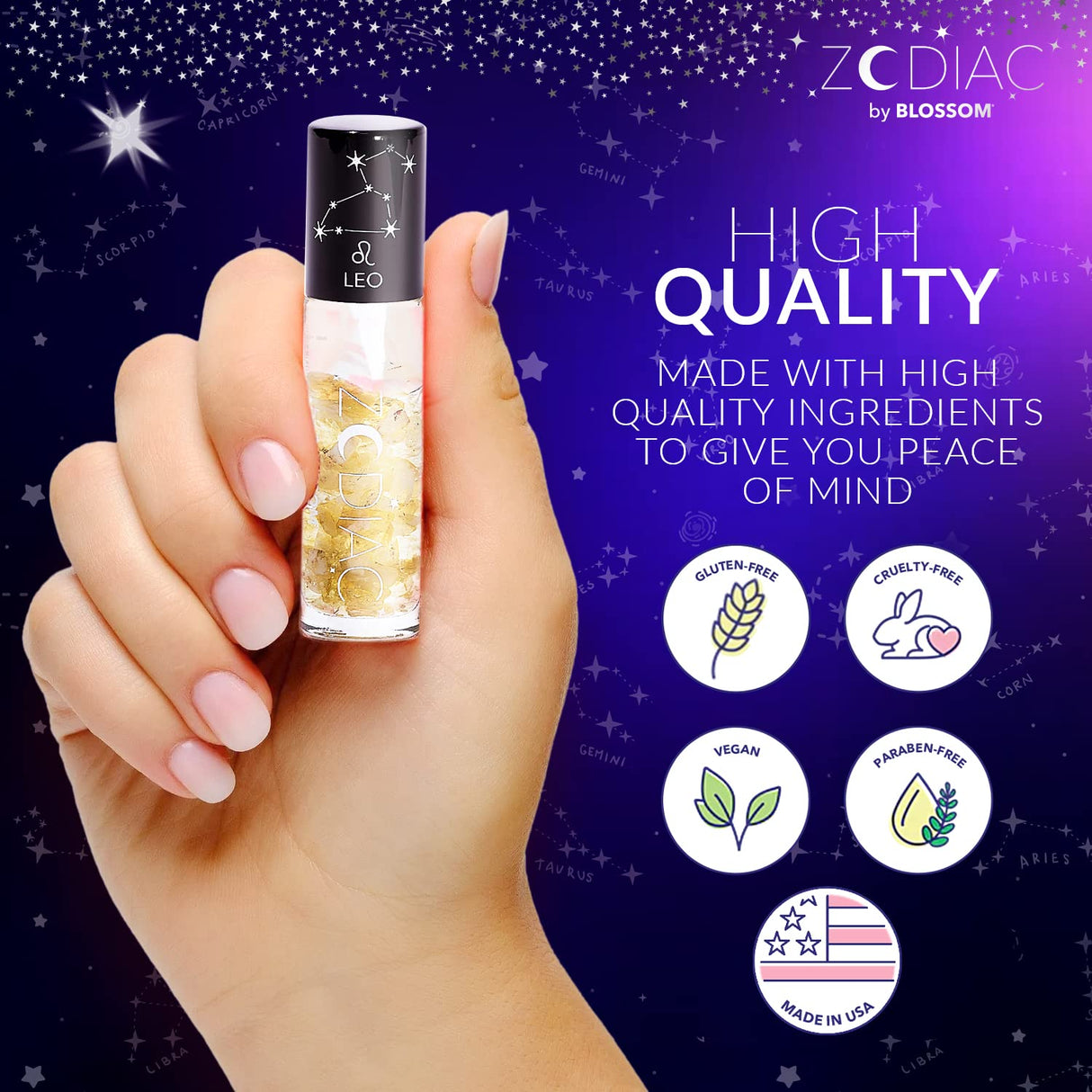 Blossom Zodiac Sign Roll-On Lip Gloss, Vanilla Scented + Moisturizing with Crystals, Made in USA, 0.20 fl. oz./5.9ml, Aquarius