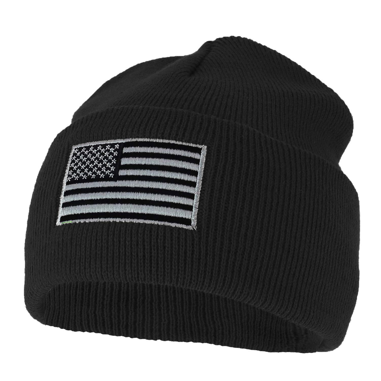 Made in USA Grey American Flag Embroidered Knit Cuff Long Beanie