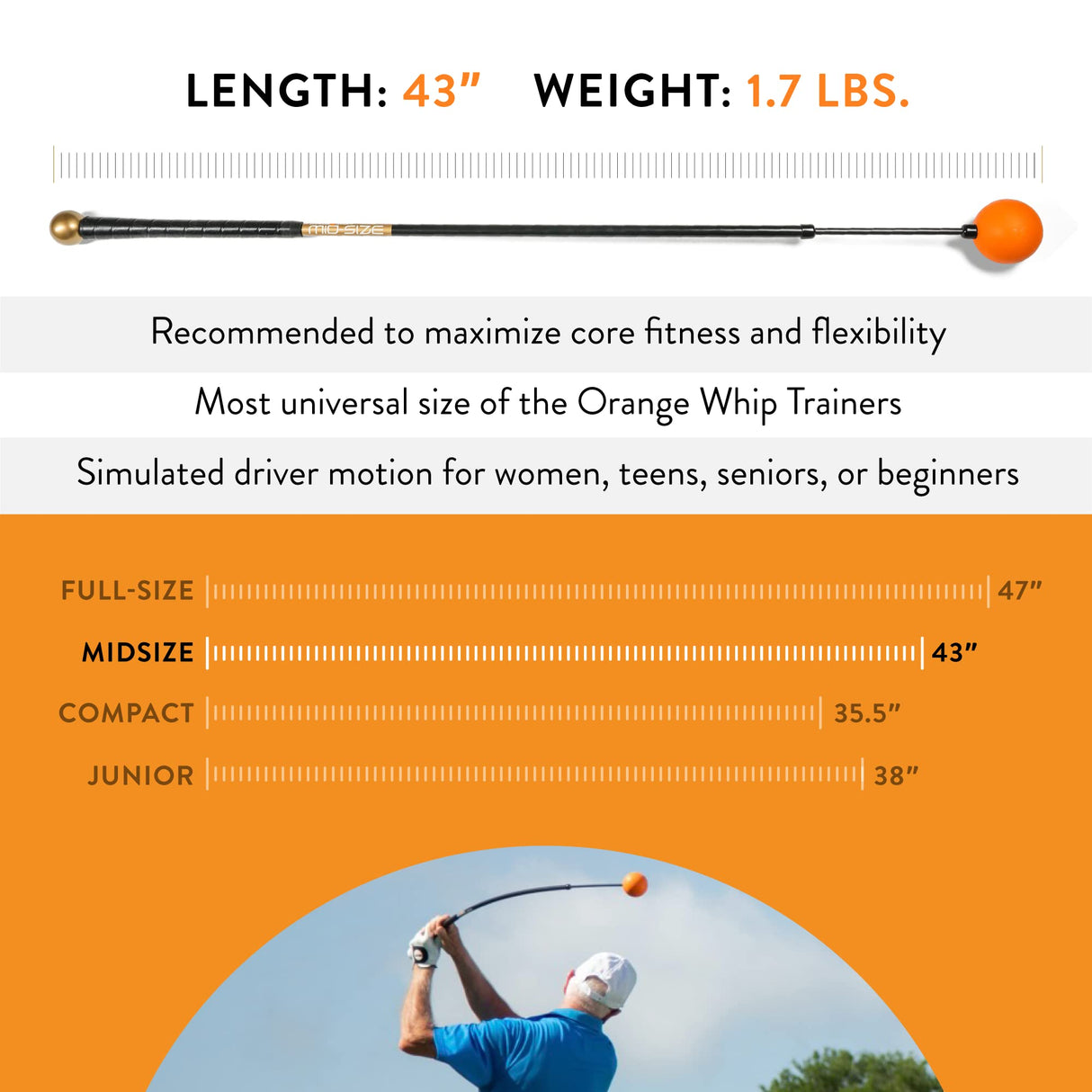 Orange Whip Golf Swing Trainer Aid Patented & Made in USA for Improved Rhythm, Flexibility, Balance, Tempo, and Strength *American Made*