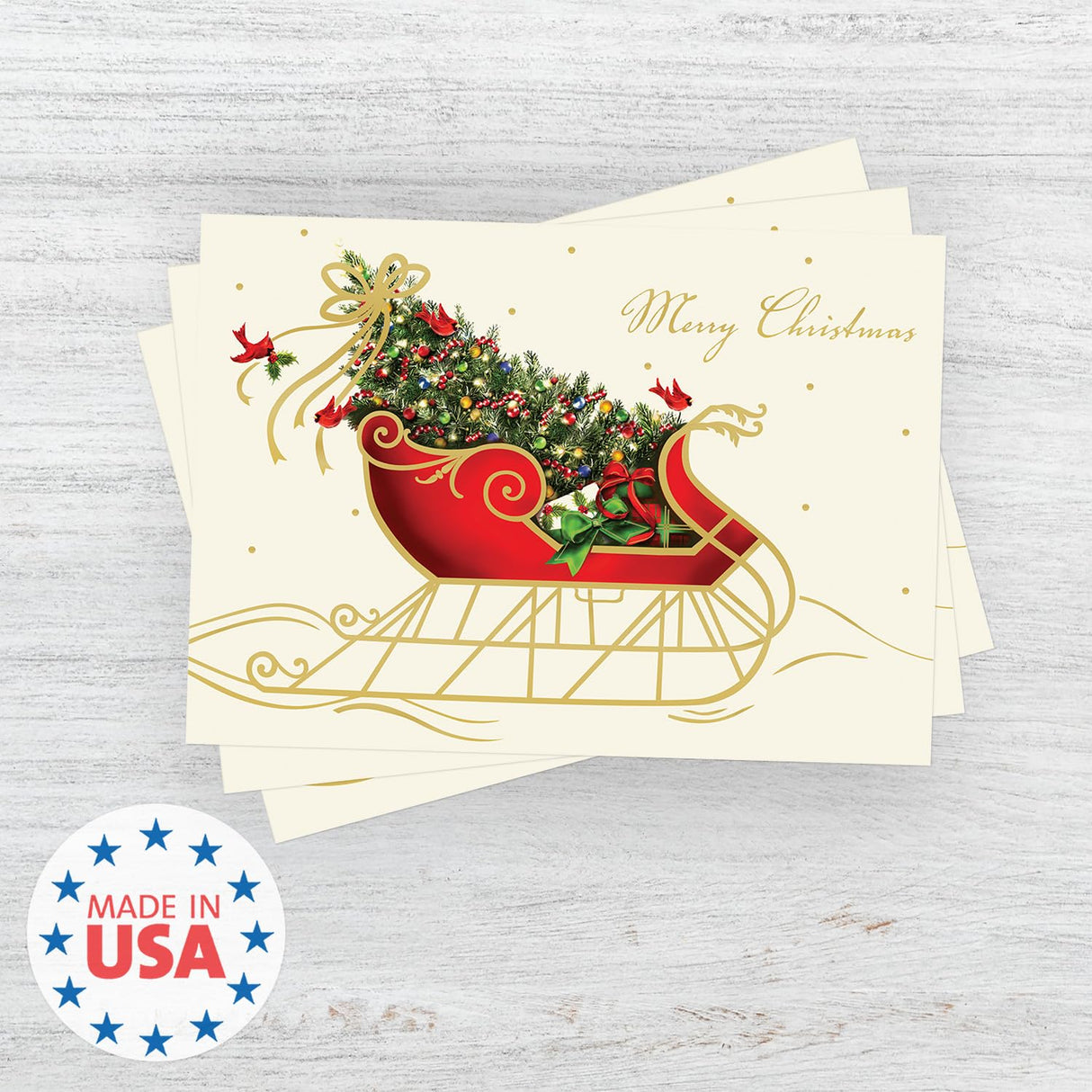 Masterpiece Sparkling Santa Christmas Cards / 16 Festive Holiday Cards Set With White Envelopes / 5 5/8" x 7 7/8" Winter Gold Foil Greeting Cards With Inside Verse/Made In The USA