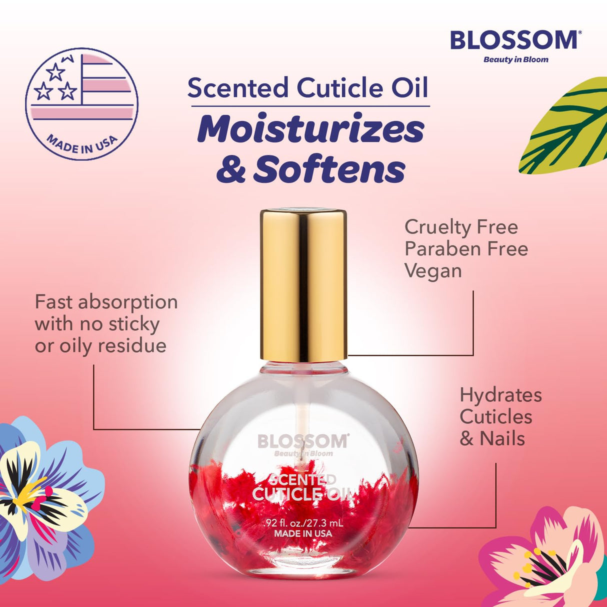 Blossom Scented Cuticle Oil, Infused with Real Flowers, Hydrating, Moisturizing, Strengthening, Made in USA, 0.5 fl. oz, Amazon Exclusive, Watermelon