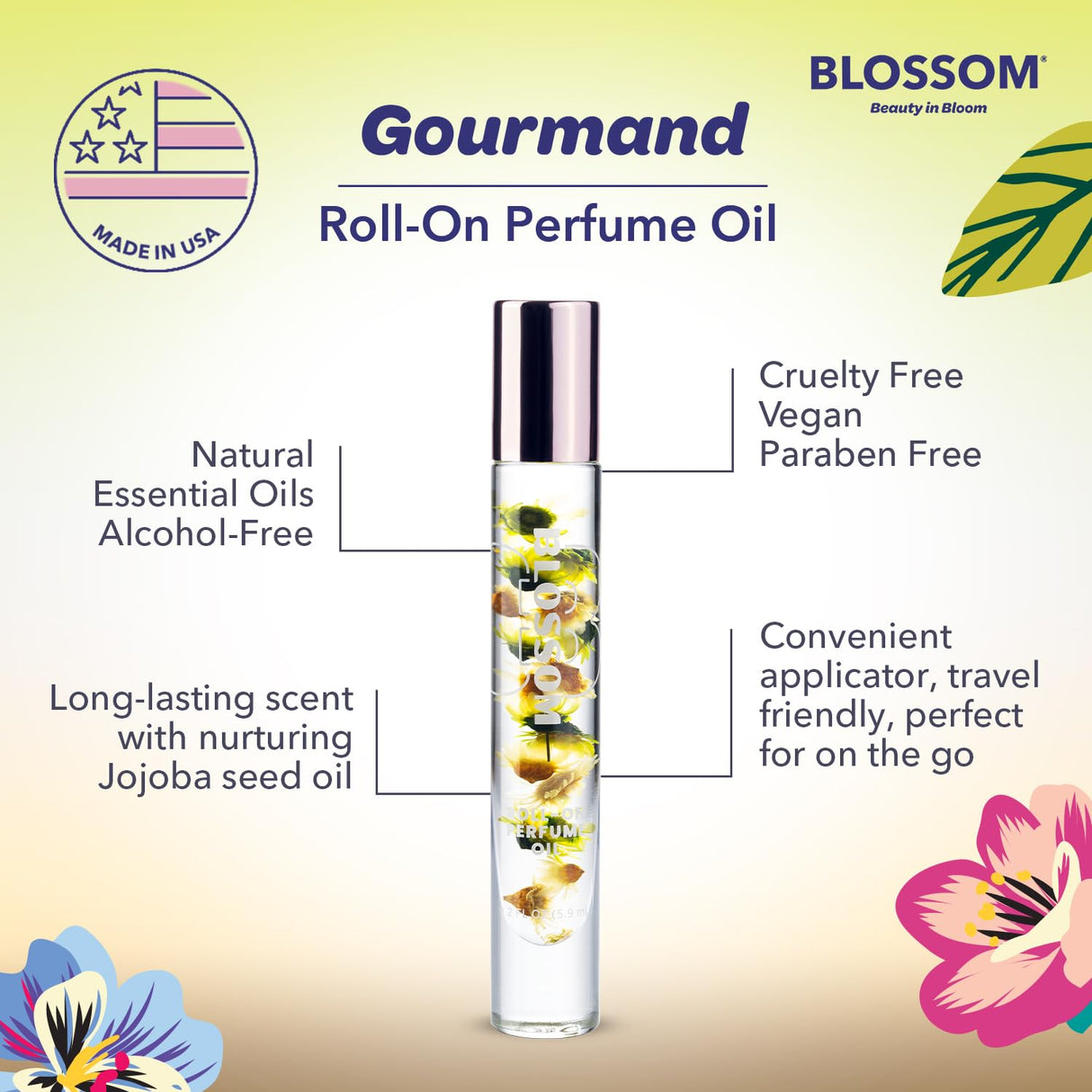 Blossom Roll on Perfume Oil for Women, Alcohol Free Rollerball Perfume with Essential Oil, Infused with Real Flowers, Made in USA, 0.20 oz (Lemon, Bergamot, Violet, White Musk), Cactus Flower