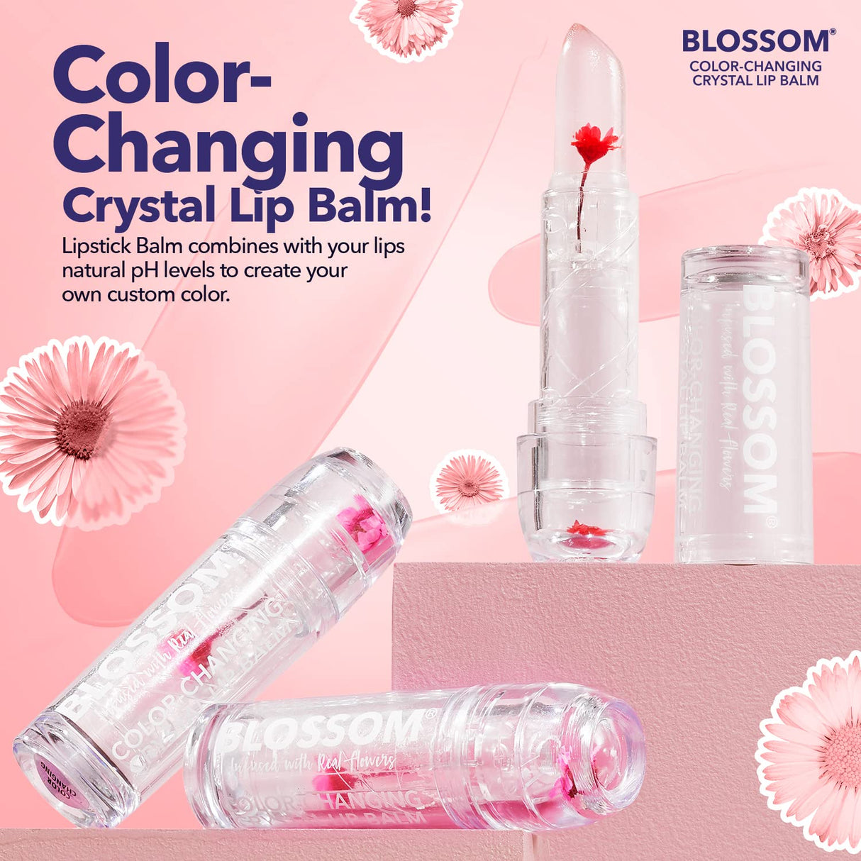 Blossom Moisturizing pH Color Changing Shimmering Lip Balm Sparkle Lip Stain Tint, Infused with Real Flowers, 3g, Electric Pink