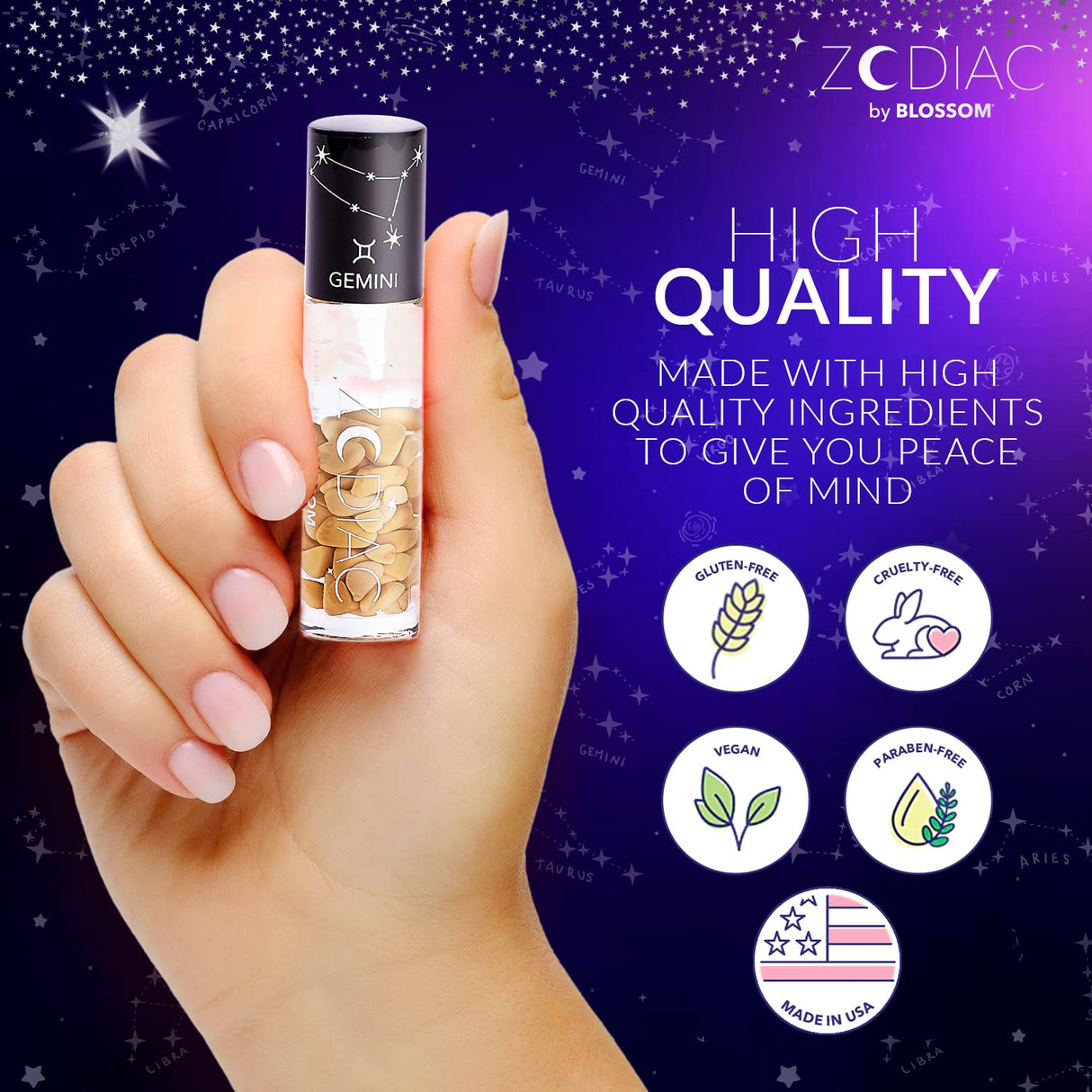 Blossom Zodiac Sign Roll-On Lip Gloss, Vanilla Scented + Moisturizing with Crystals, Made in USA, 0.20 fl. oz./5.9ml, Aquarius