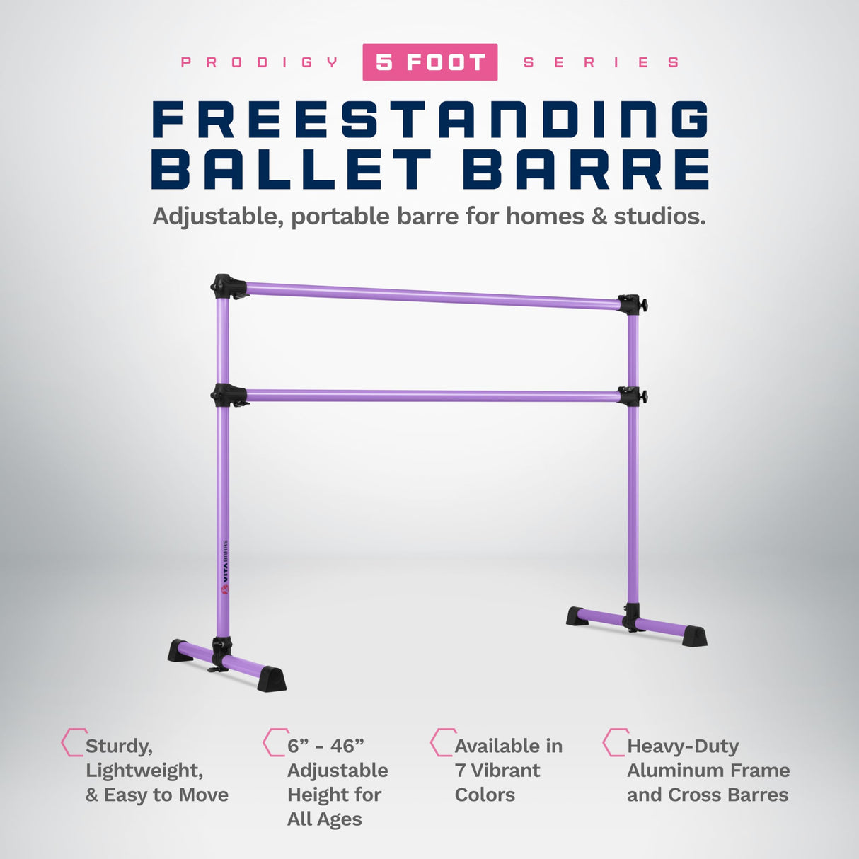 VITA Barre Portable Freestanding Double Ballet Barre, Prodigy, Aluminum | Adjustable Height, USA Made, Home or Gym Exercise Equipment for Kids & Adults | Dance, Fitness, Pilates