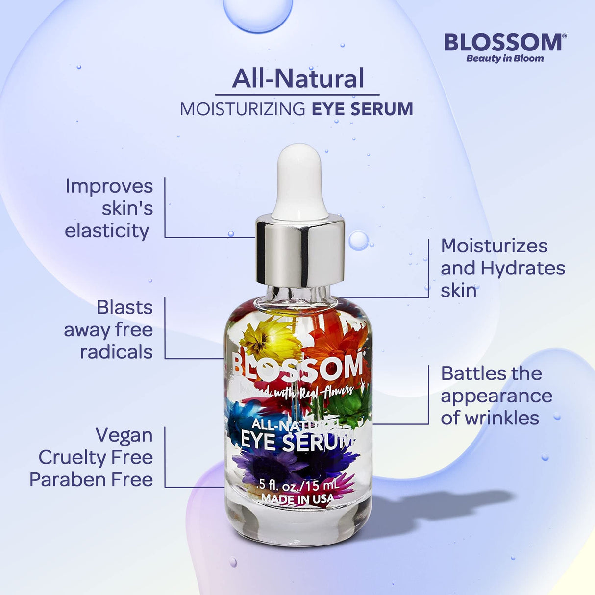Blossom All Natural Eye Serum with Essential Oils, Organic Cruelty Free Moisturizing, Infused with Real Flowers, Made in USA, 0.5 fl. oz., Spring Bouquet