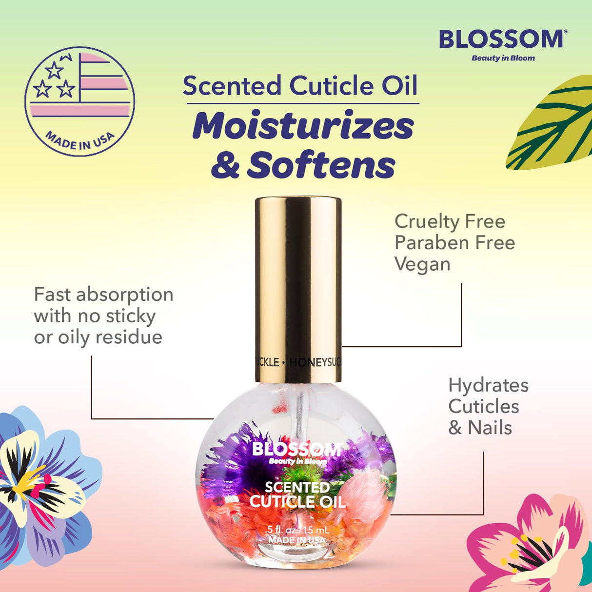 Blossom Scented Cuticle Oil, Infused with Real Flowers, Hydrating, Moisturizing, Strengthening, Made in USA, 0.5 fl. oz, Amazon Exclusive, Watermelon