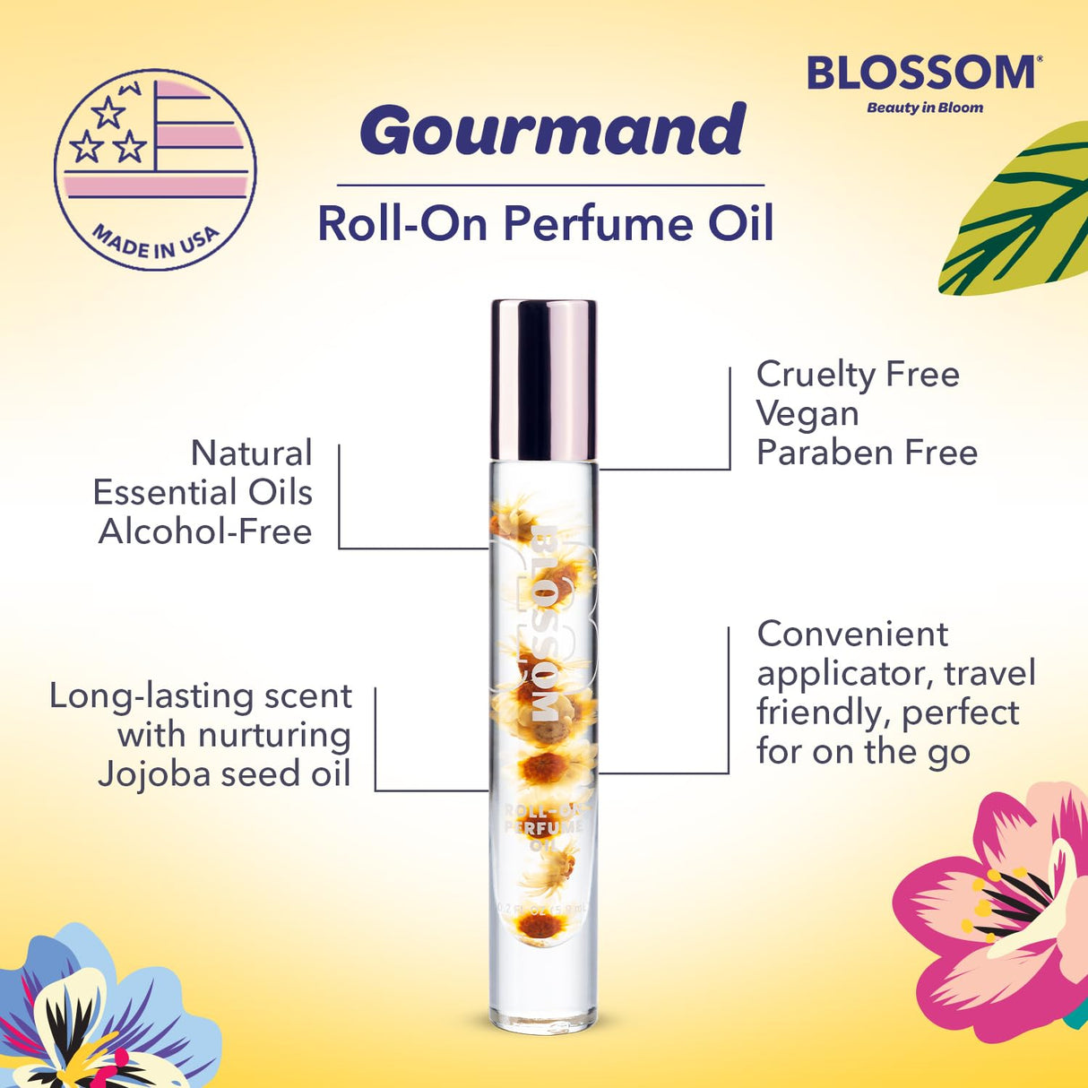 Blossom Roll on Perfume Oil for Women, Alcohol Free Rollerball Perfume with Essential Oil, Infused with Real Flowers, Made in USA, 0.20 oz (Lemon, Bergamot, Violet, White Musk), Cactus Flower