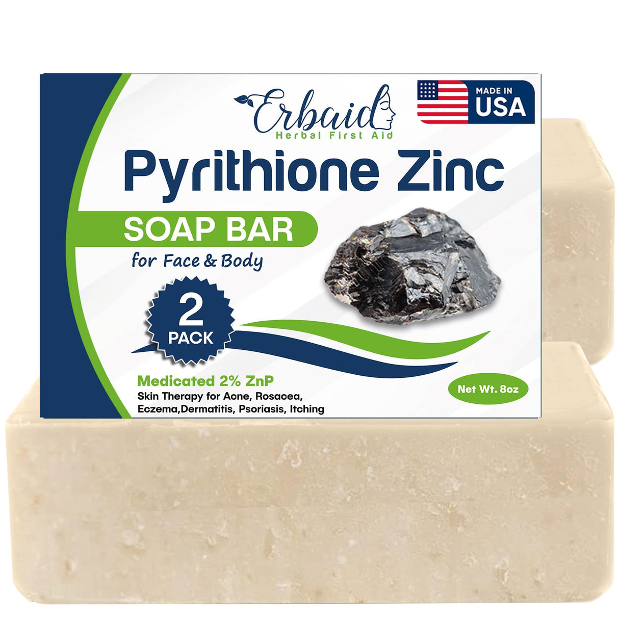 Pyrithione Zinc Soap Bar for Face & Body, 4oz | Medicated 2% ZnP Bar Soap Skin Therapy Cleanser for Acne, Rosacea, Eczema, Dermatitis, Psoriasis, Itching | Cleansing, Calming Facial Wash Made in USA