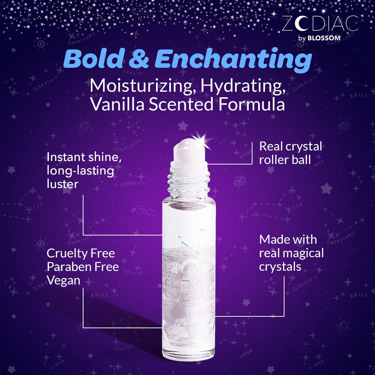 Blossom Zodiac Sign Roll-On Lip Gloss, Vanilla Scented + Moisturizing with Crystals, Made in USA, 0.20 fl. oz./5.9ml, Aquarius