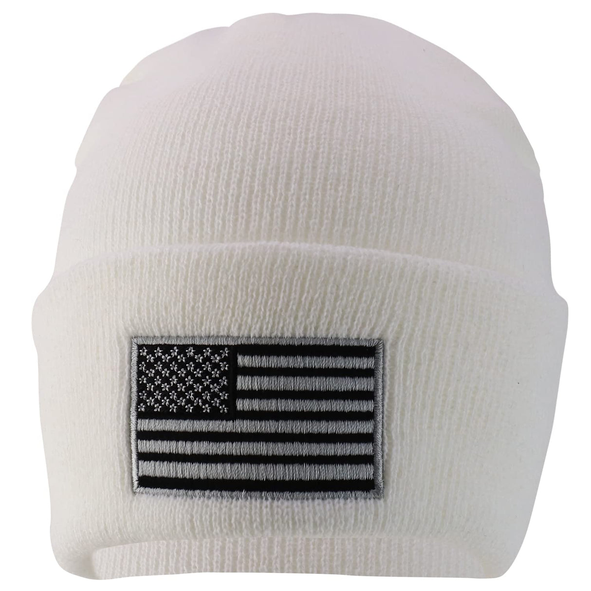 Made in USA Grey American Flag Embroidered Knit Cuff Long Beanie