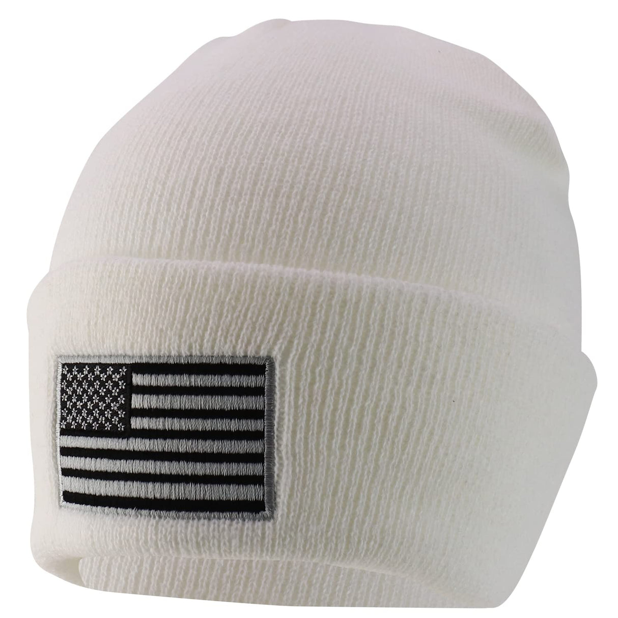 Made in USA Grey American Flag Embroidered Knit Cuff Long Beanie
