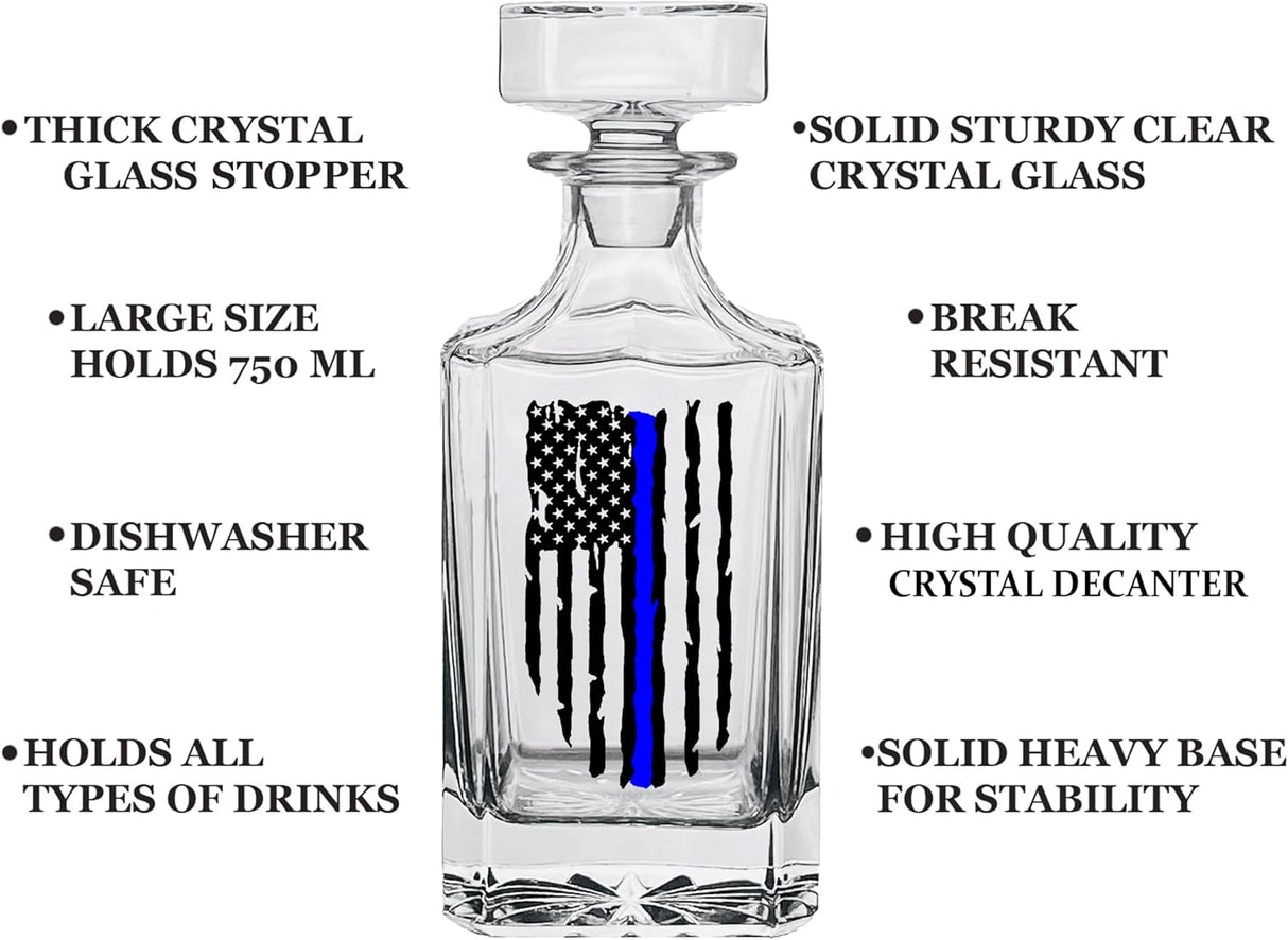 Blue Line Tattered Flag Bar ware Bundle Police Officer Whiskey, Decanter With heavy Glass Stopper, Shot Glass Custom Gift Set For Men Dad Veteran Father's Day PD Police Officer Combo