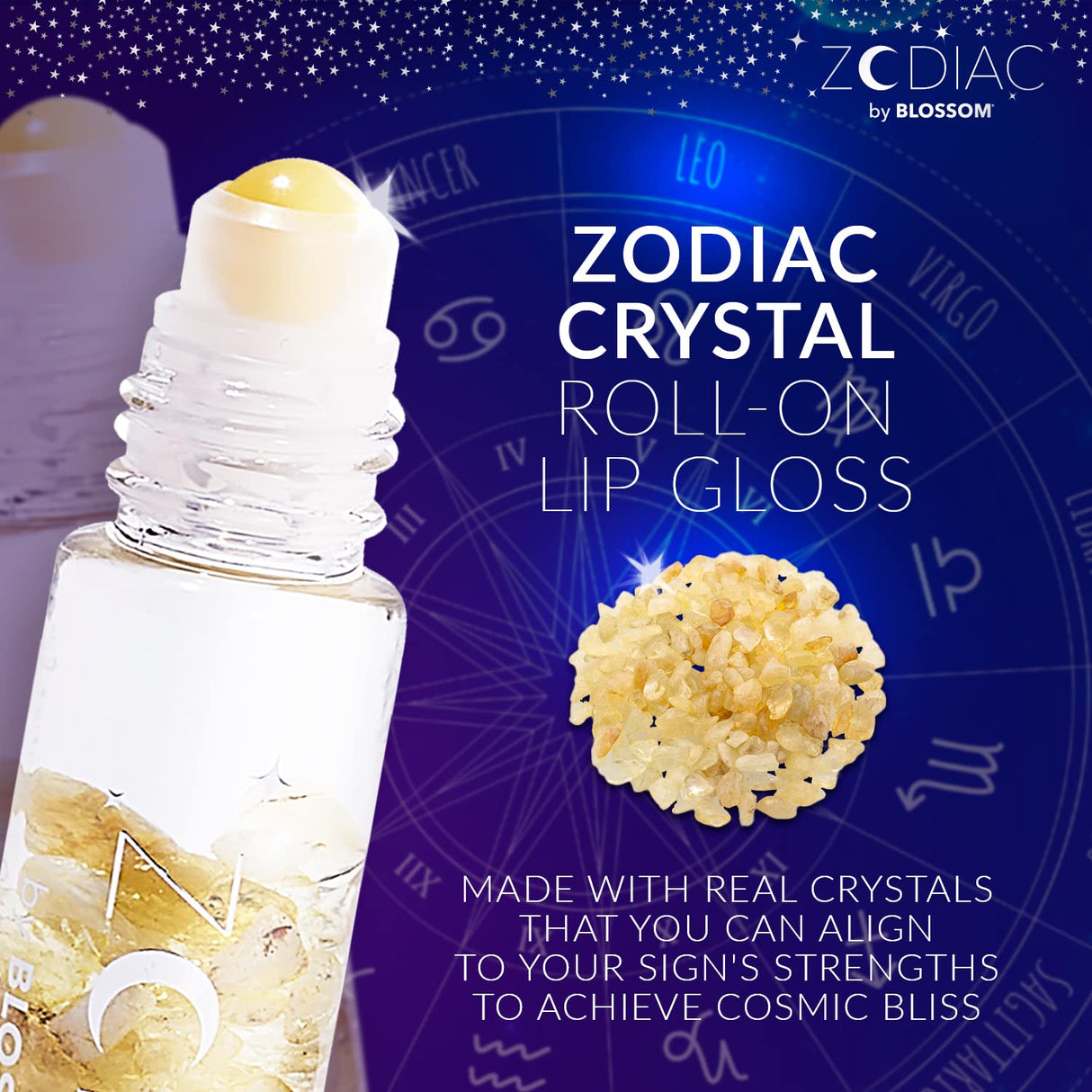 Blossom Zodiac Sign Roll-On Lip Gloss, Vanilla Scented + Moisturizing with Crystals, Made in USA, 0.20 fl. oz./5.9ml, Aquarius