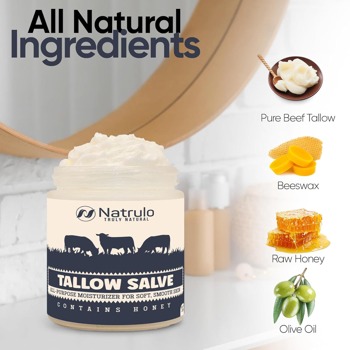 Beef Tallow Salve – All Natural Grass Fed Beef Tallow & Honey All Purpose Balm – Moisturizing Body Salve Great for Eczema, Cracked, Dry, Itchy, Irritated Skin – Skin Repair Skincare Made in USA