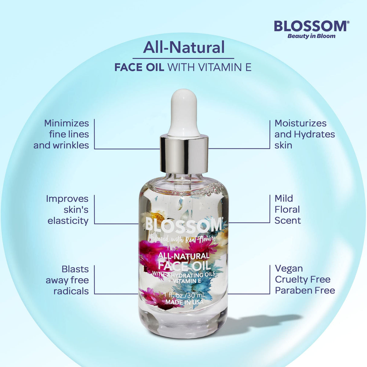 Blossom Unscented All Natural, Vegan, Cruelty Free Face Oil with Vitamin E, Infused with Real Flowers, Made in USA, 1 fl. oz., Spring Bouquet