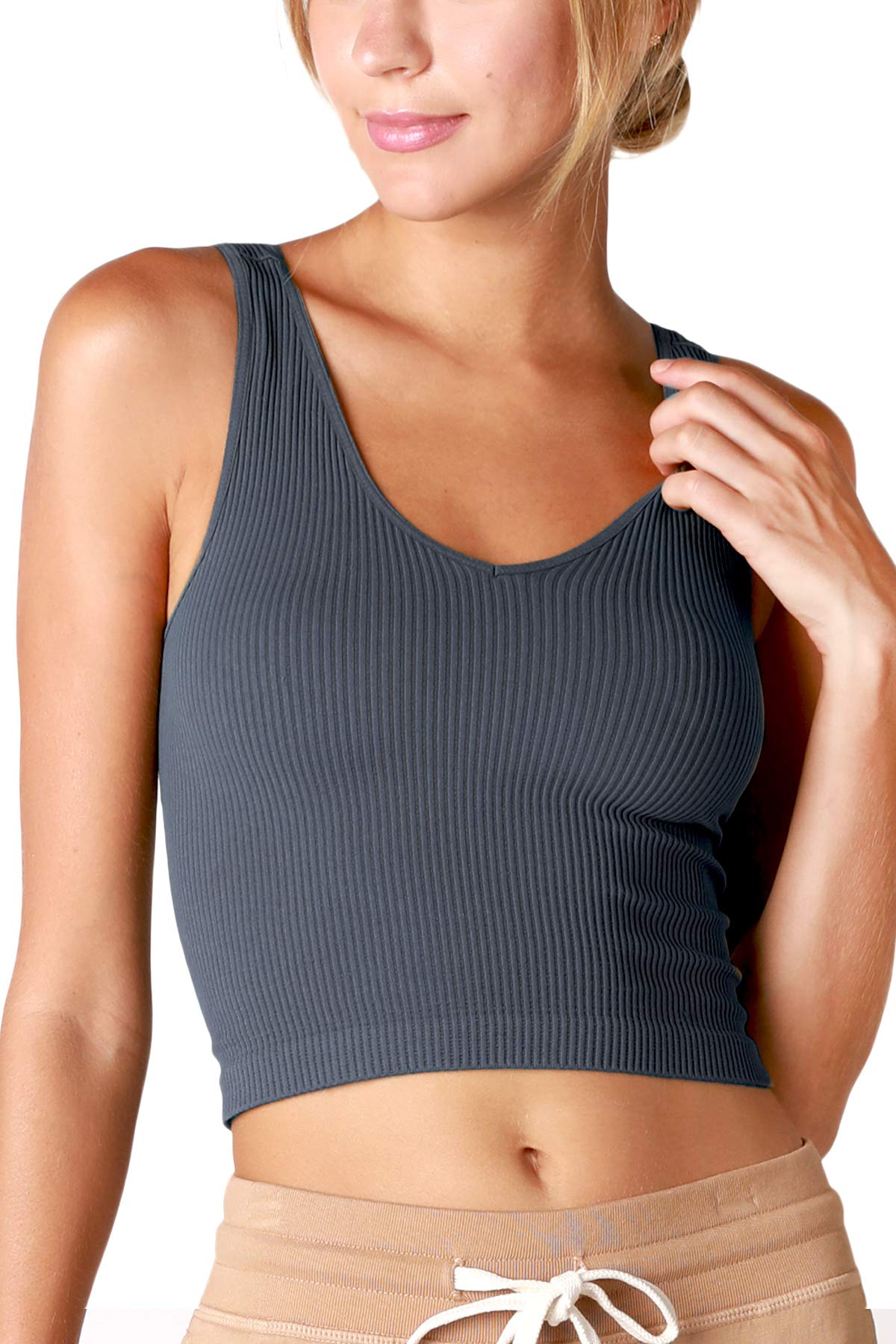 NIKIBIKI Women Seamless V-Neck Ribbed Crop Top, Made in U.S.A, One Size