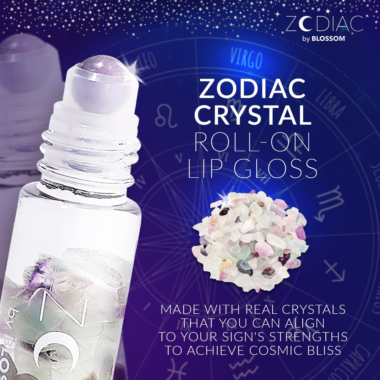 Blossom Zodiac Sign Roll-On Lip Gloss, Vanilla Scented + Moisturizing with Crystals, Made in USA, 0.20 fl. oz./5.9ml, Aquarius