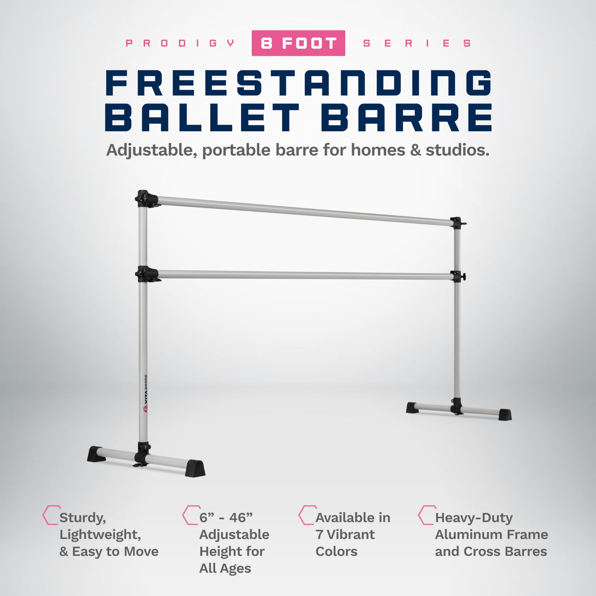 VITA Barre Portable Freestanding Double Ballet Barre, Prodigy, Aluminum | Adjustable Height, USA Made, Home or Gym Exercise Equipment for Kids & Adults | Dance, Fitness, Pilates