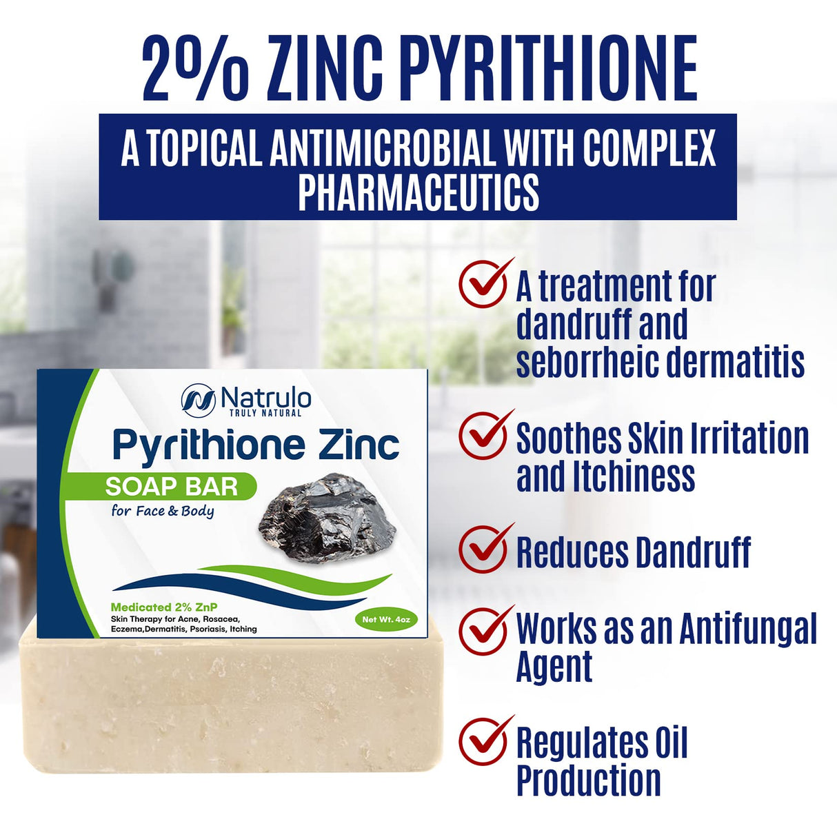 Pyrithione Zinc Soap Bar for Face & Body, 4oz | Medicated 2% ZnP Bar Soap Skin Therapy Cleanser for Acne, Rosacea, Eczema, Dermatitis, Psoriasis, Itching | Cleansing, Calming Facial Wash Made in USA