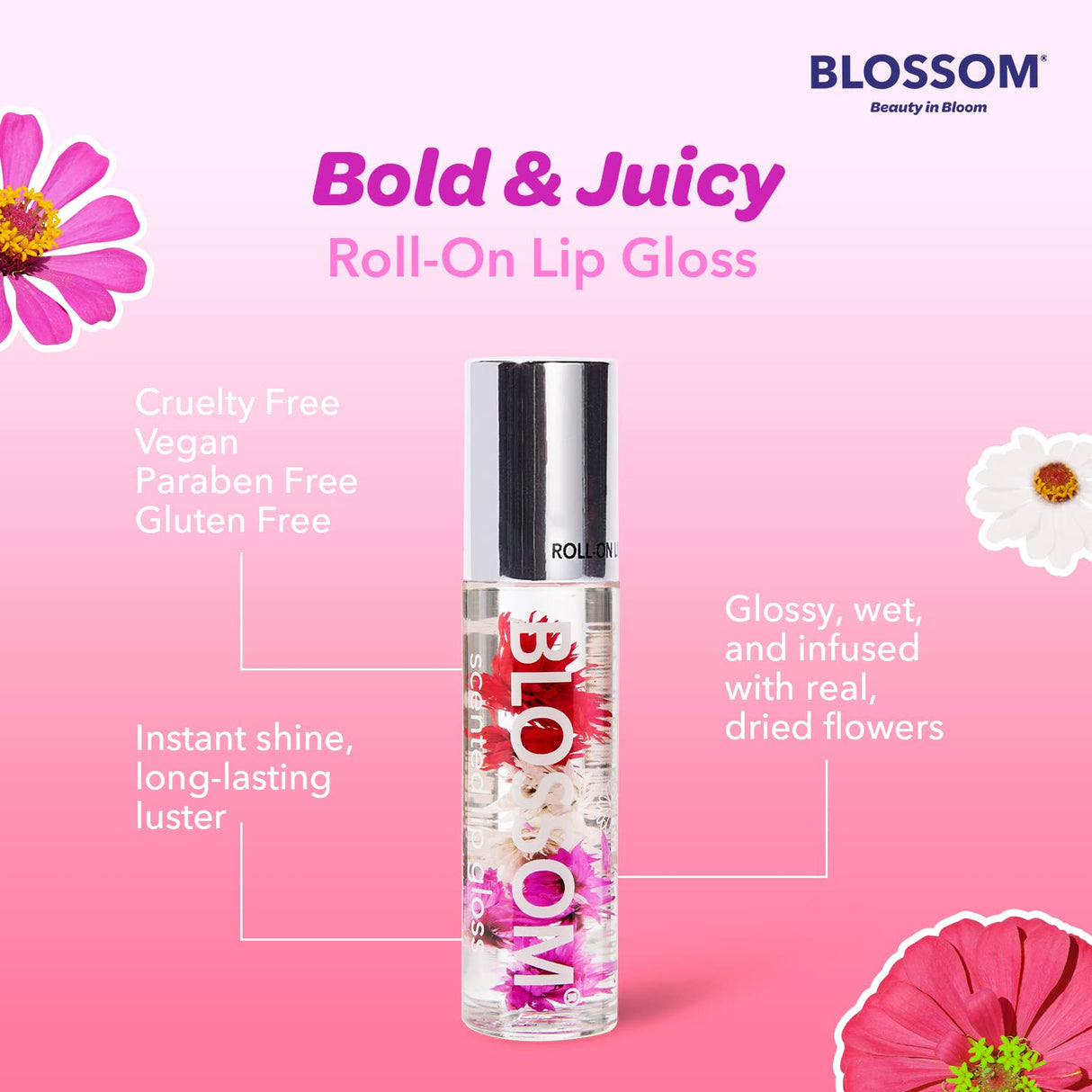 Blossom Scented Roll on Lip Gloss, Infused with Real Flowers, Made in USA, 0.20 fl. oz./5.9ml, Watermelon