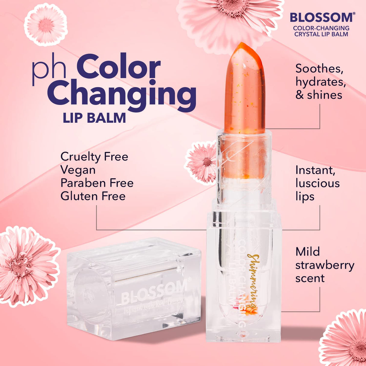Blossom Moisturizing pH Color Changing Shimmering Lip Balm Sparkle Lip Stain Tint, Infused with Real Flowers, 3g, Electric Pink