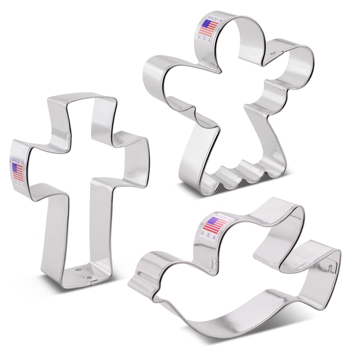 Religious Christmas Cookie Cutters 3-Pc. Set Made in USA by Ann Clark, Angel, Cross, Dove