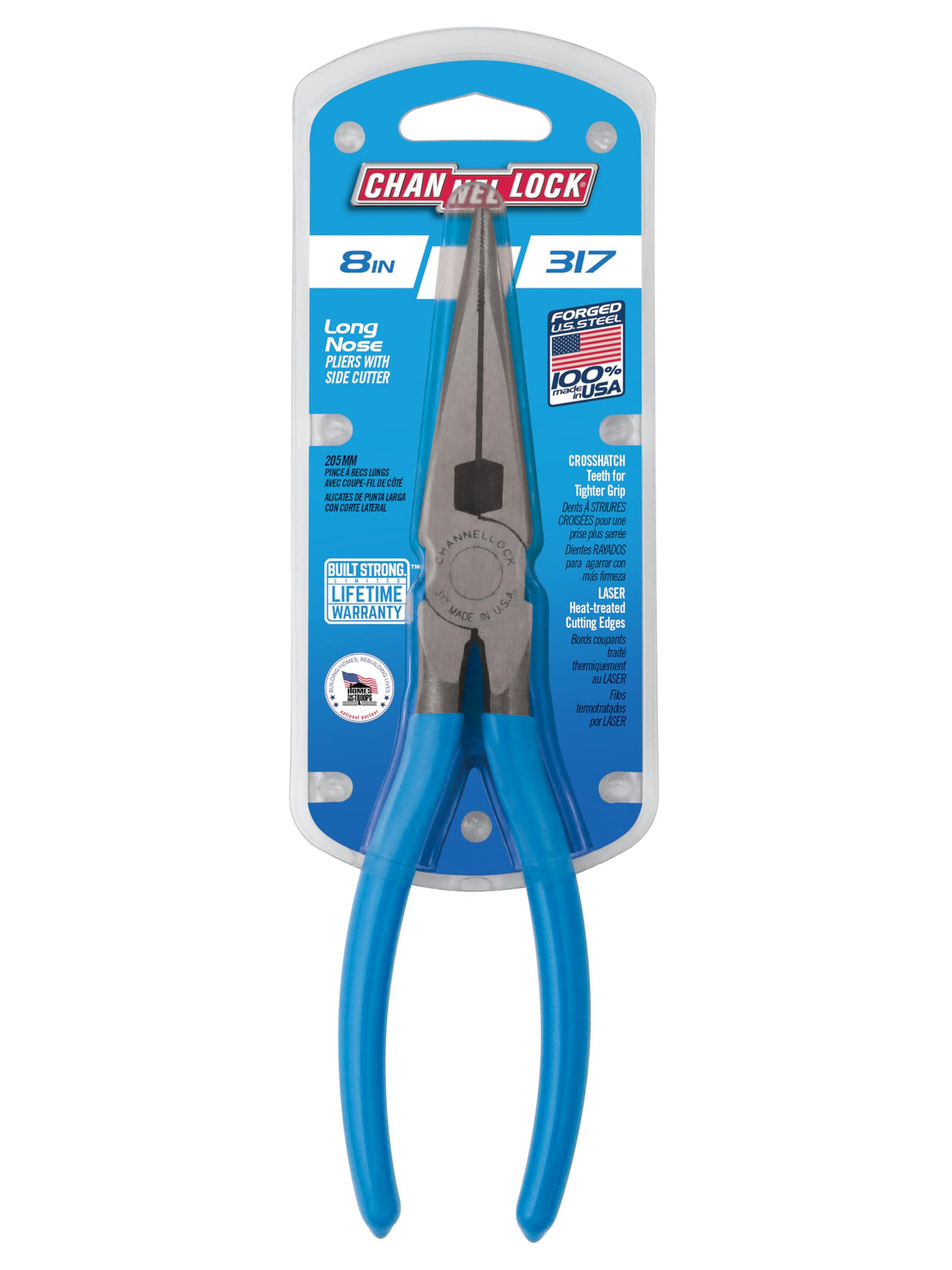 Channellock 317 8-Inch Long Nose Plier with Side Cutter | Needle Nose Pliers with Knife and Anvil - Style Side Cutter | Crosshatch Jaw Forged from High Carbon Steel for Maximum Grip on Materials | Specially Coated for Rust Prevention | Comfort Grips , Blu