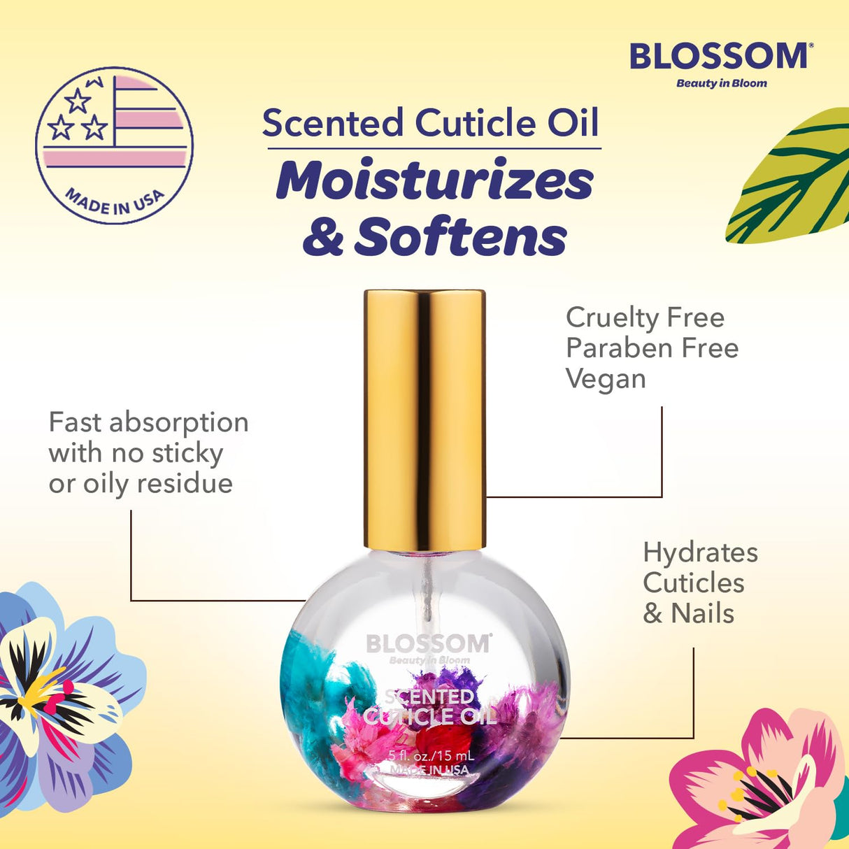 Blossom Scented Cuticle Oil, Infused with Real Flowers, Hydrating, Moisturizing, Strengthening, Made in USA, 0.5 fl. oz, Amazon Exclusive, Watermelon
