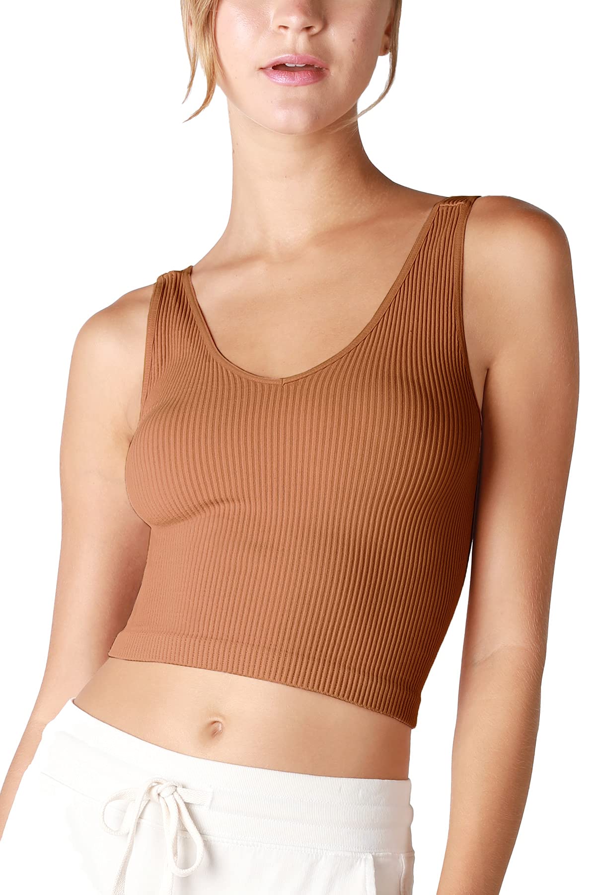 NIKIBIKI Women Seamless V-Neck Ribbed Crop Top, Made in U.S.A, One Size
