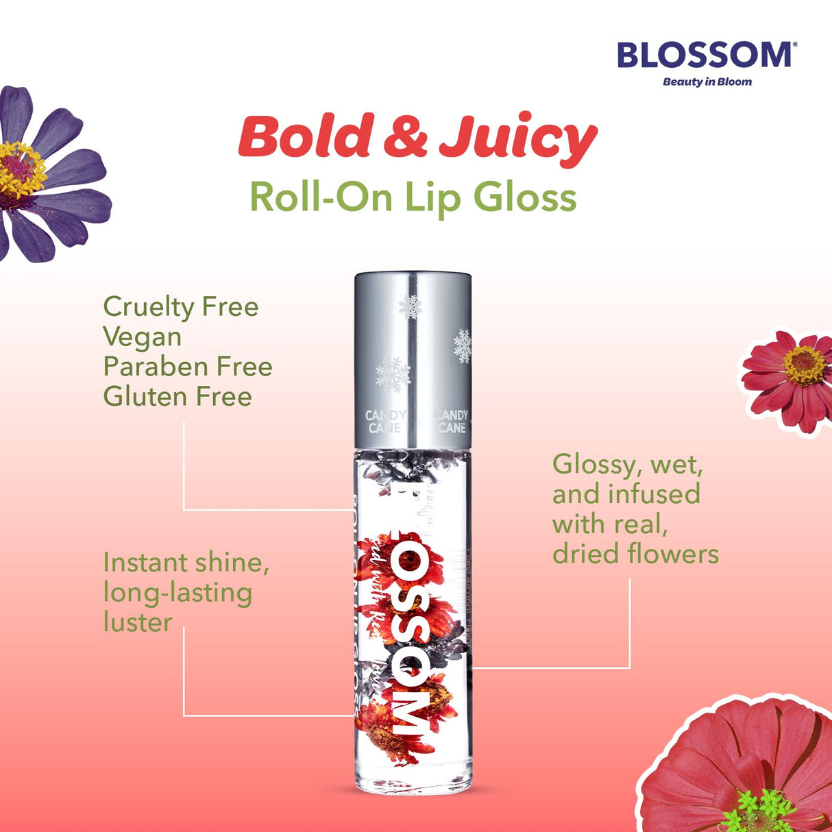 Blossom Scented Roll on Lip Gloss, Infused with Real Flowers, Made in USA, 0.20 fl. oz./5.9ml, Watermelon