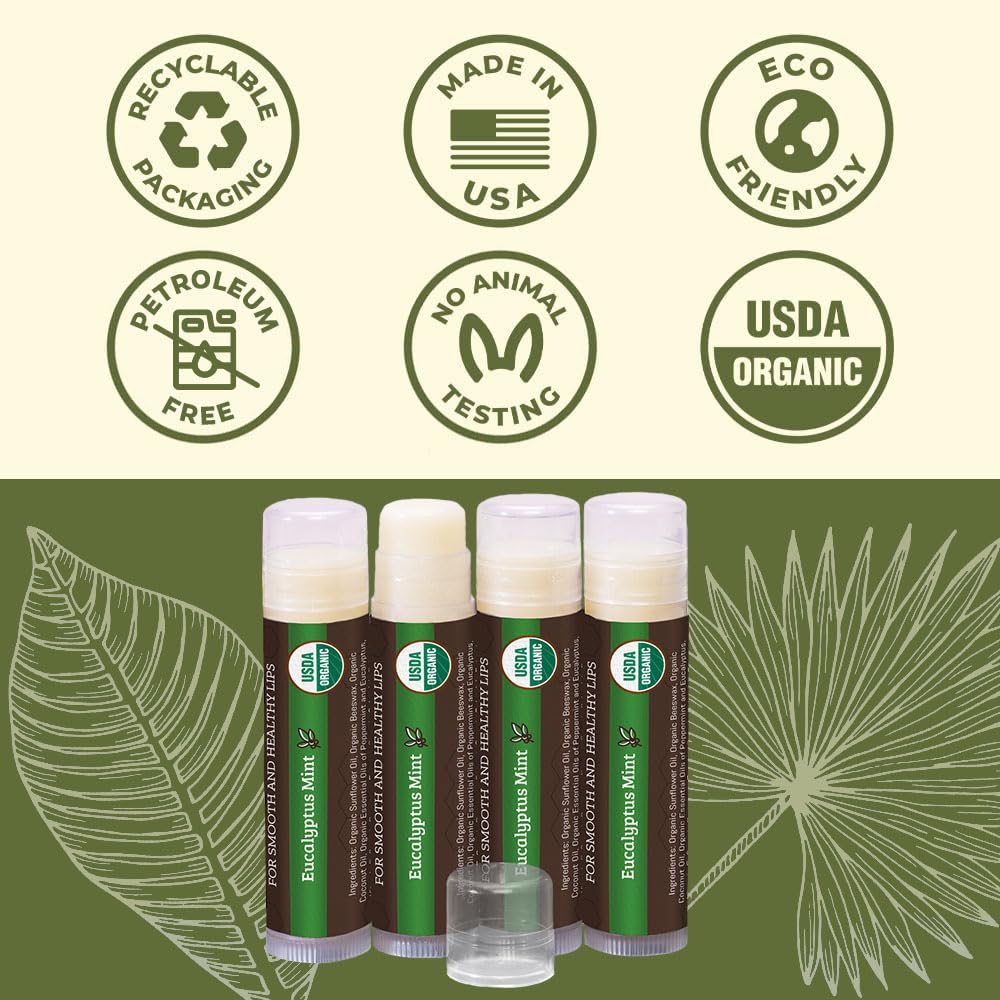 USDA Organic Lip Balm 6-Pack by Earth's Daughter Stocking Stuffers - Fruit Flavors, Beeswax, Coconut Oil, Vitamin E - Best Lip Repair Chapstick for Dry Cracked Lips - Moisturizing Lip Care