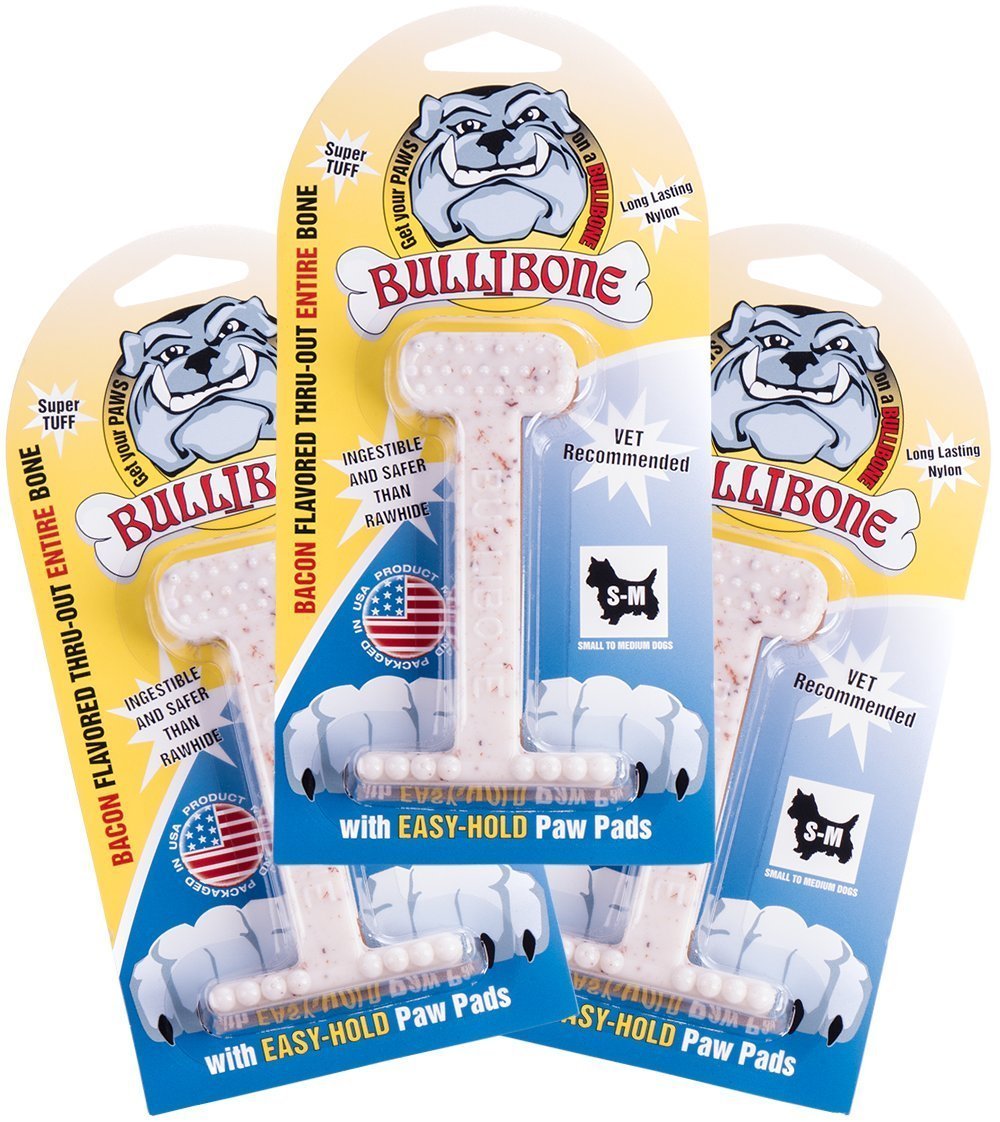 Bullibone Nylon Dog Chew Toy Nylon Bone - Improves Dental Hygiene, Easy to Grip Bottom, and Permeated with Flavor (Bacon, Large - 2 Pack)