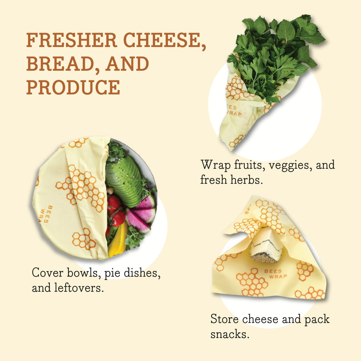 Bee's Wrap Reusable Beeswax Food Wraps Made in The USA, Eco Friendly Beeswax Wraps for Food, Sustainable Food Storage Containers, Organic Cotton Food Wraps, Assorted 3 Pack (S, M, L), Honeycomb