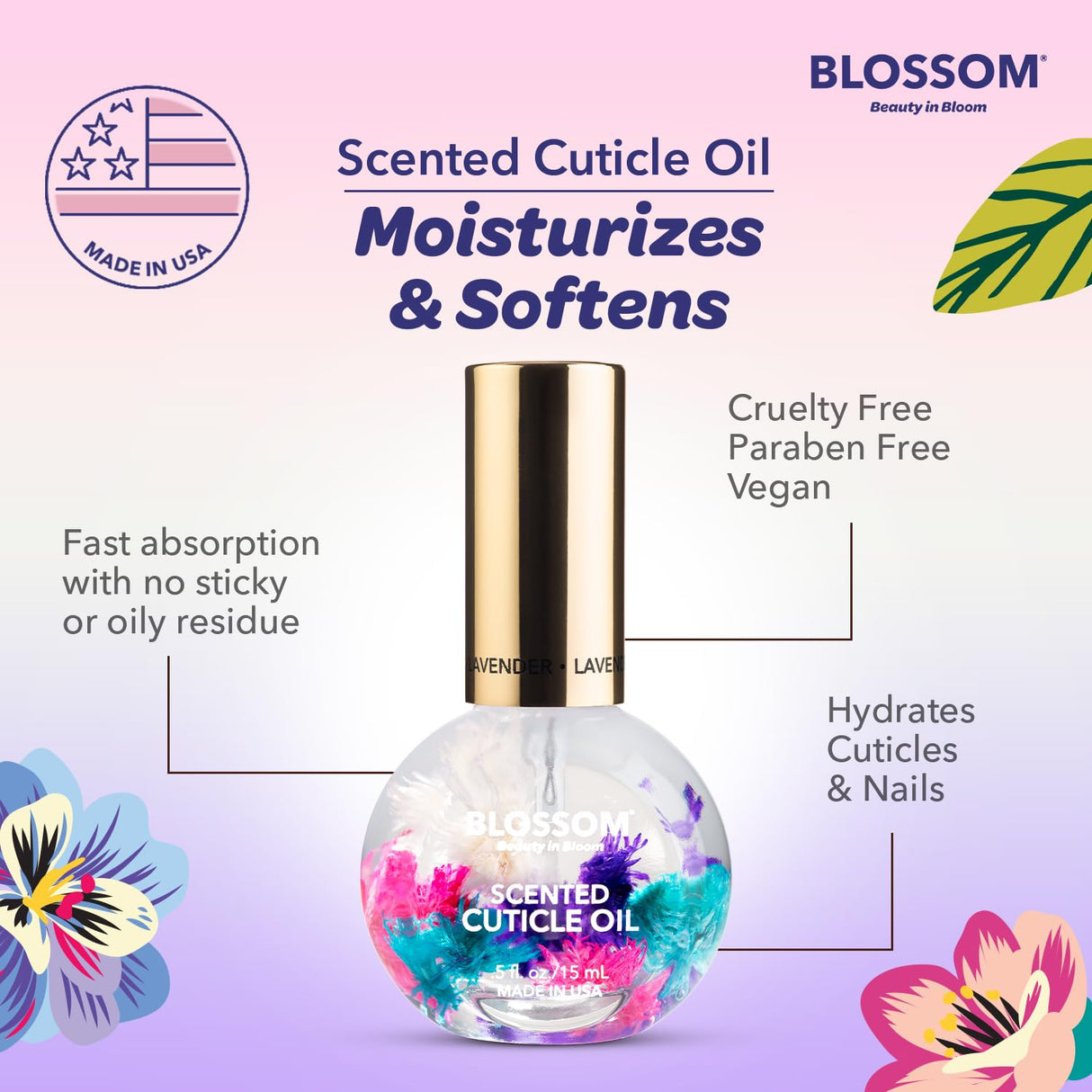 Blossom Scented Cuticle Oil, Infused with Real Flowers, Hydrating, Moisturizing, Strengthening, Made in USA, 0.5 fl. oz, Amazon Exclusive, Watermelon