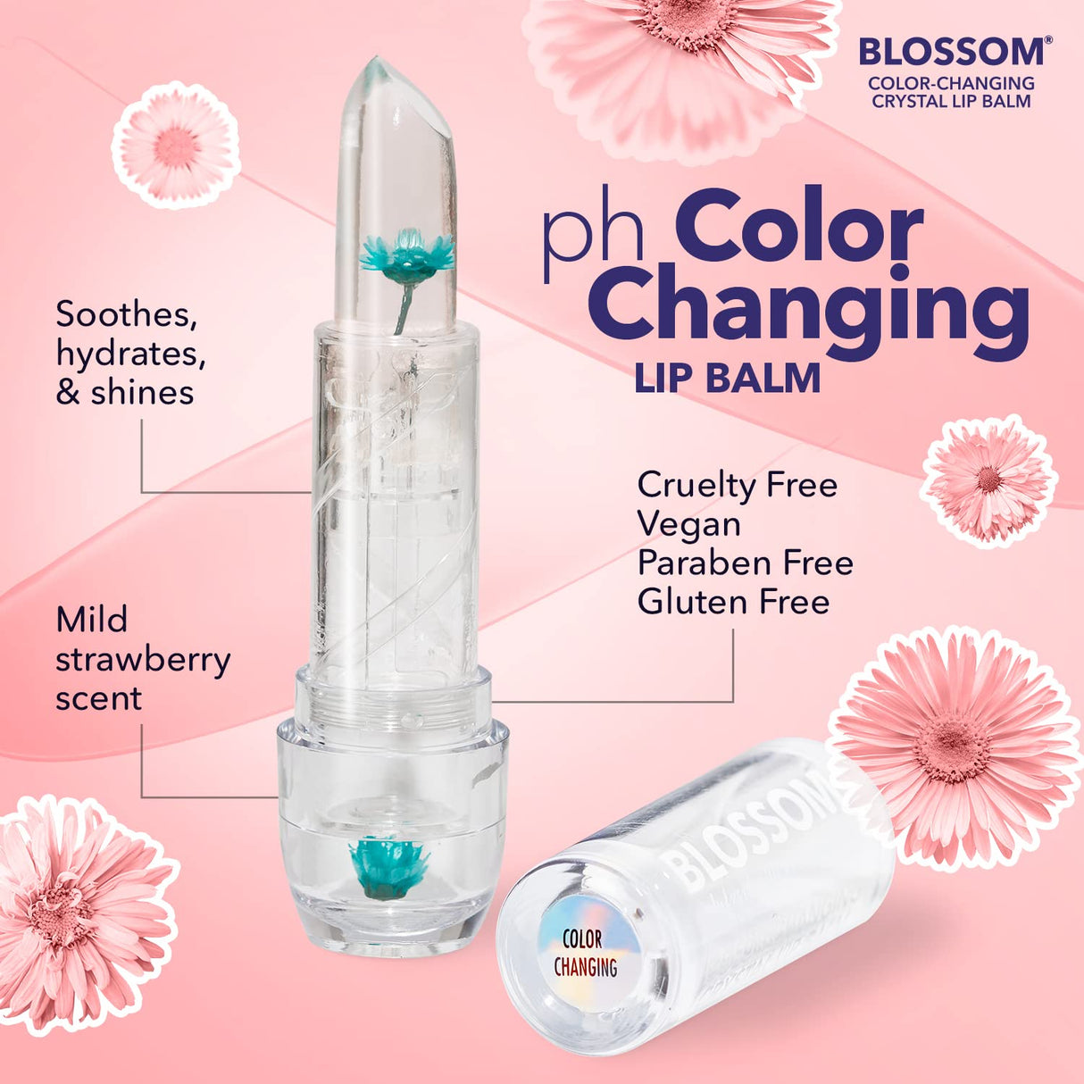 Blossom Moisturizing pH Color Changing Shimmering Lip Balm Sparkle Lip Stain Tint, Infused with Real Flowers, 3g, Electric Pink